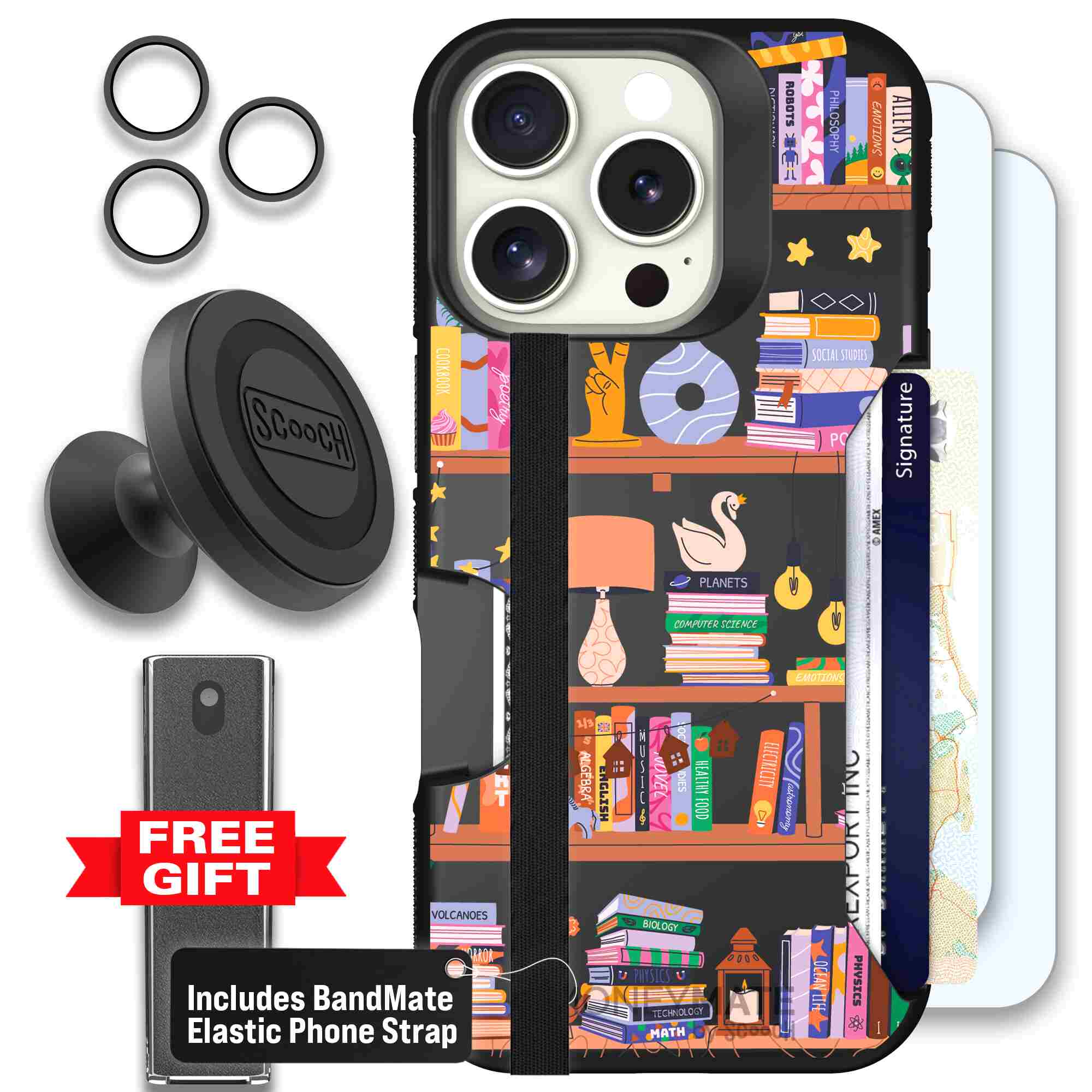 Little Library colorful book and bookshelf pattern on a Scooch Moneymate case for iPhone 16 Pro - Defender Bundle