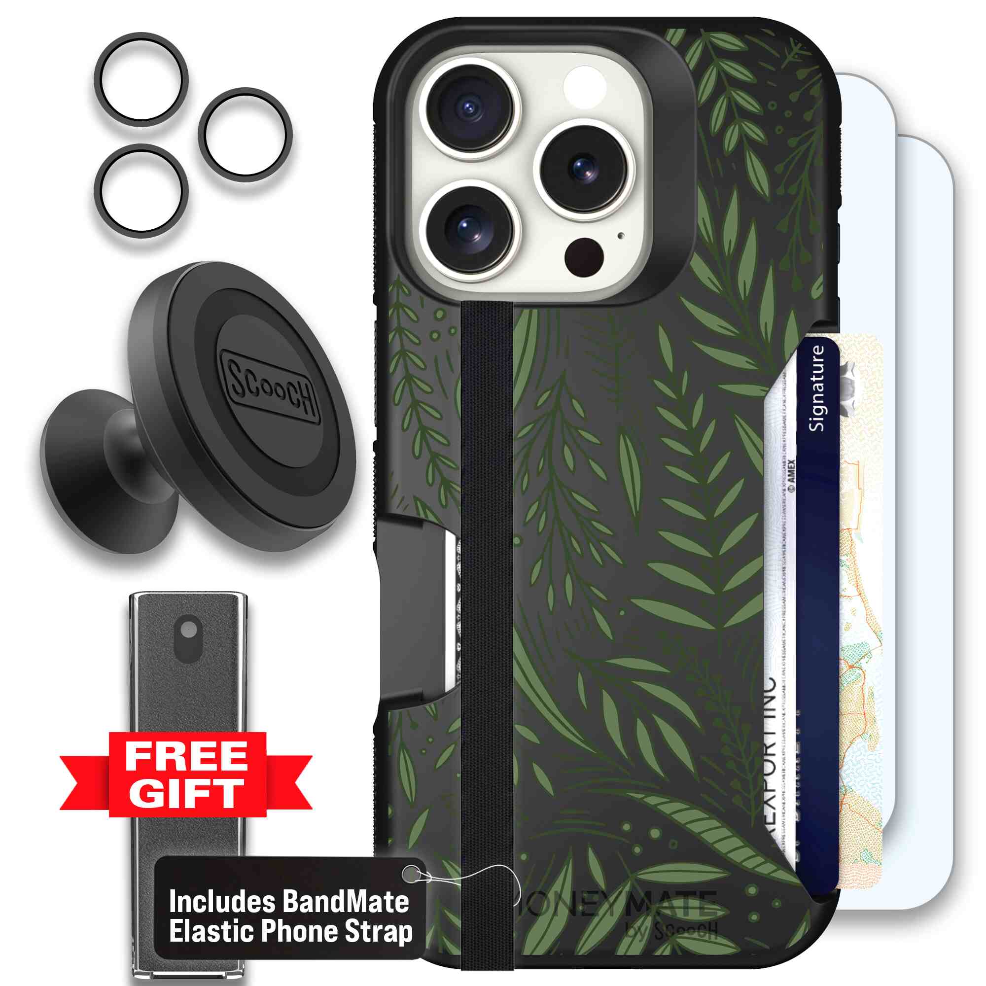 Willow Garden layered green leaves and branches on a charcoal Scooch Moneymate case for iPhone 16 Pro - Defender Bundle