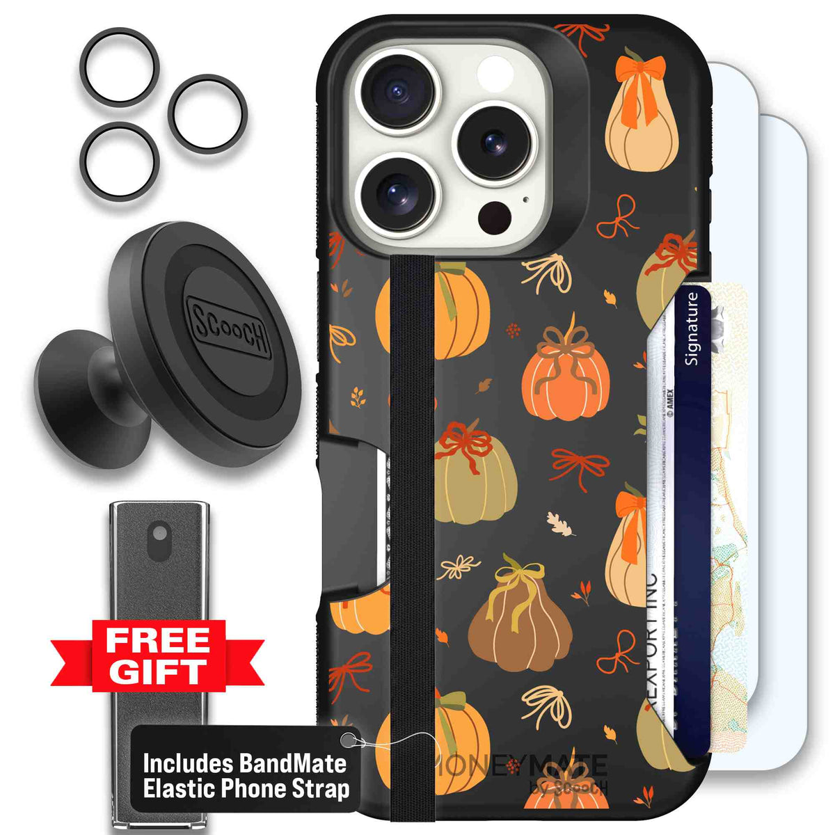 Pretty Pumpkins orange pumpkin and bow pattern on a Scooch Moneymate case for iPhone 16 Pro - Defender Bundle