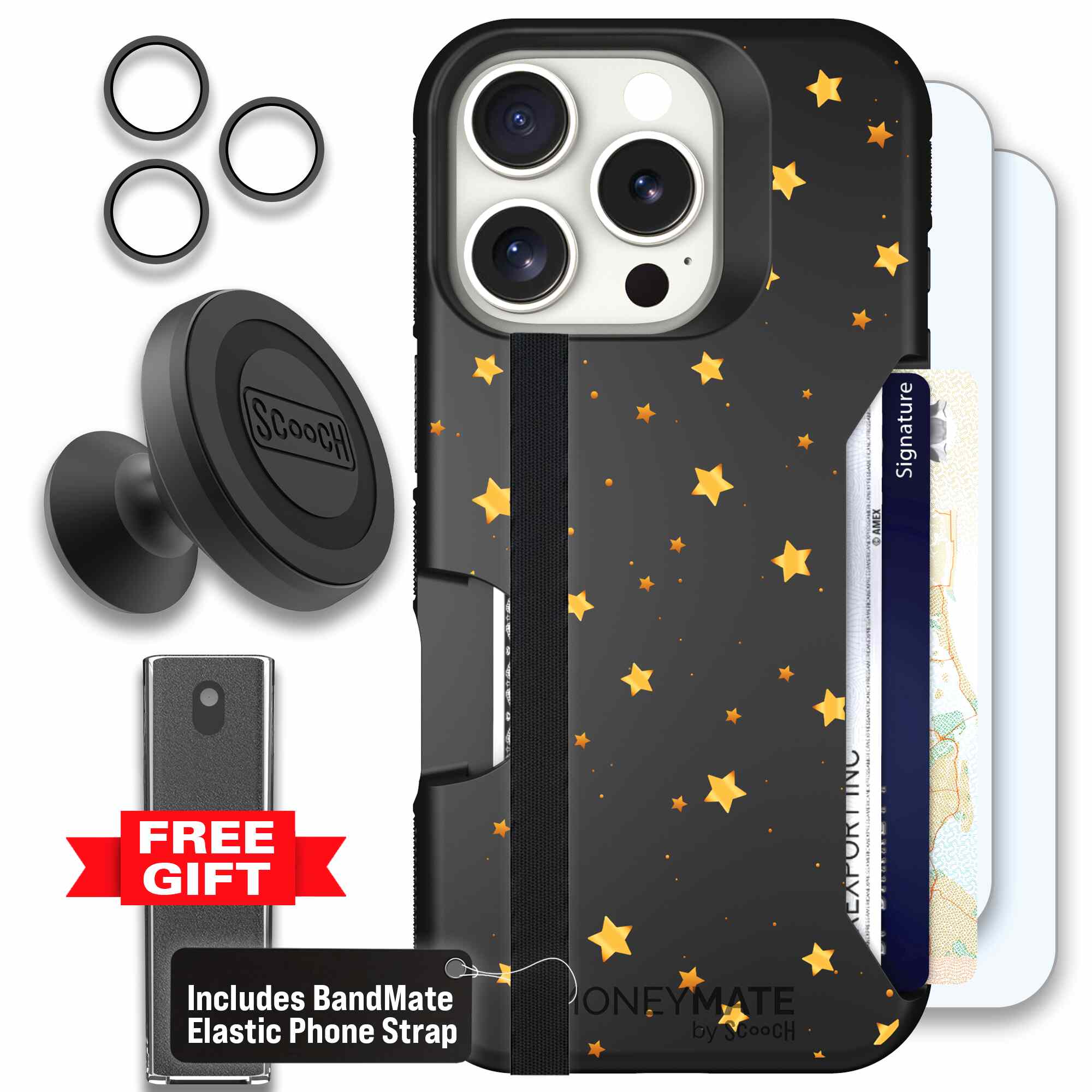 Gold Stars yellow and gold star pattern on a charcoal Scooch Moneymate case for iPhone 16 Pro - Defender Bundle