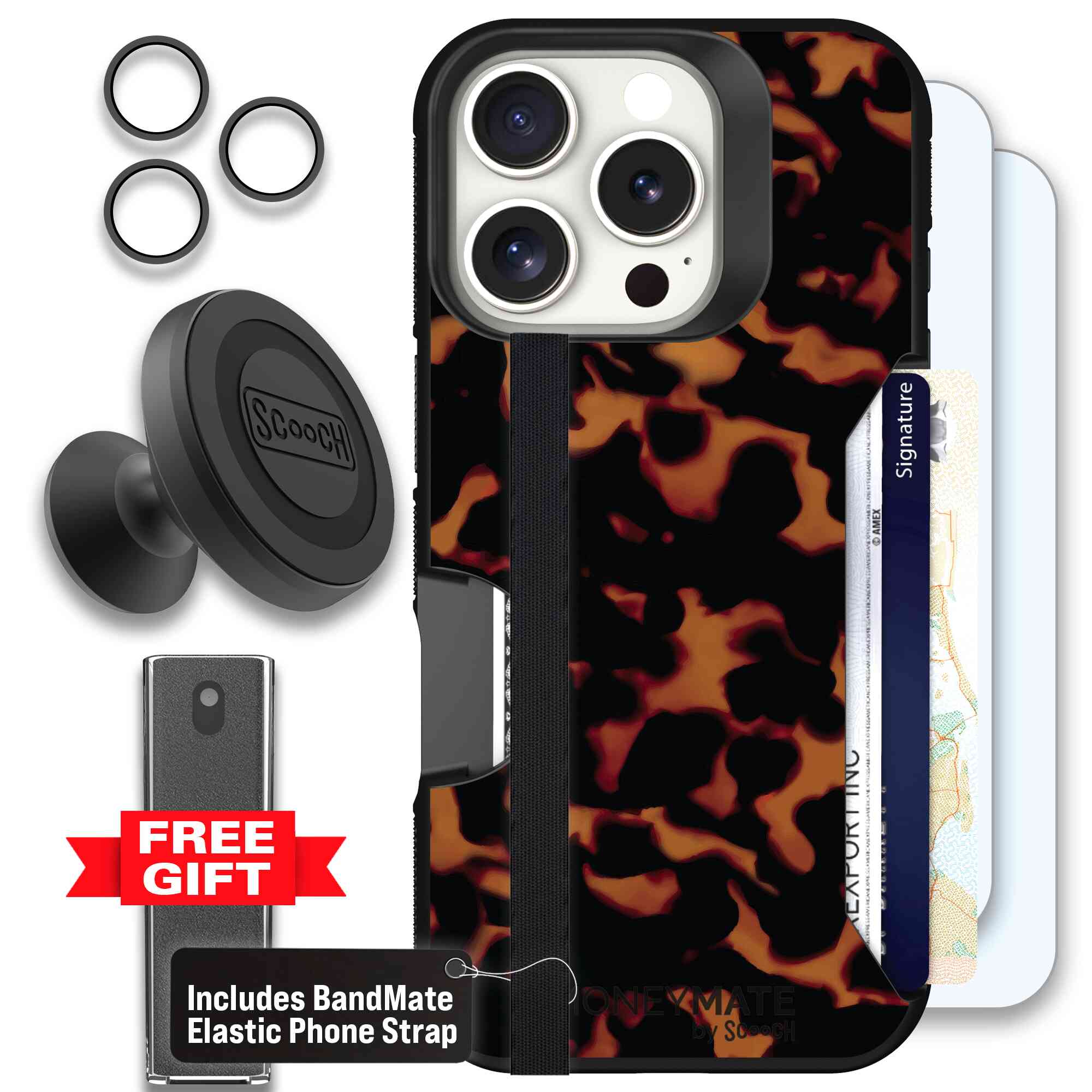 Tortoise Shell amber brown and black mottled pattern on a Scooch Moneymate case for iPhone 16 Pro - Defender Bundle