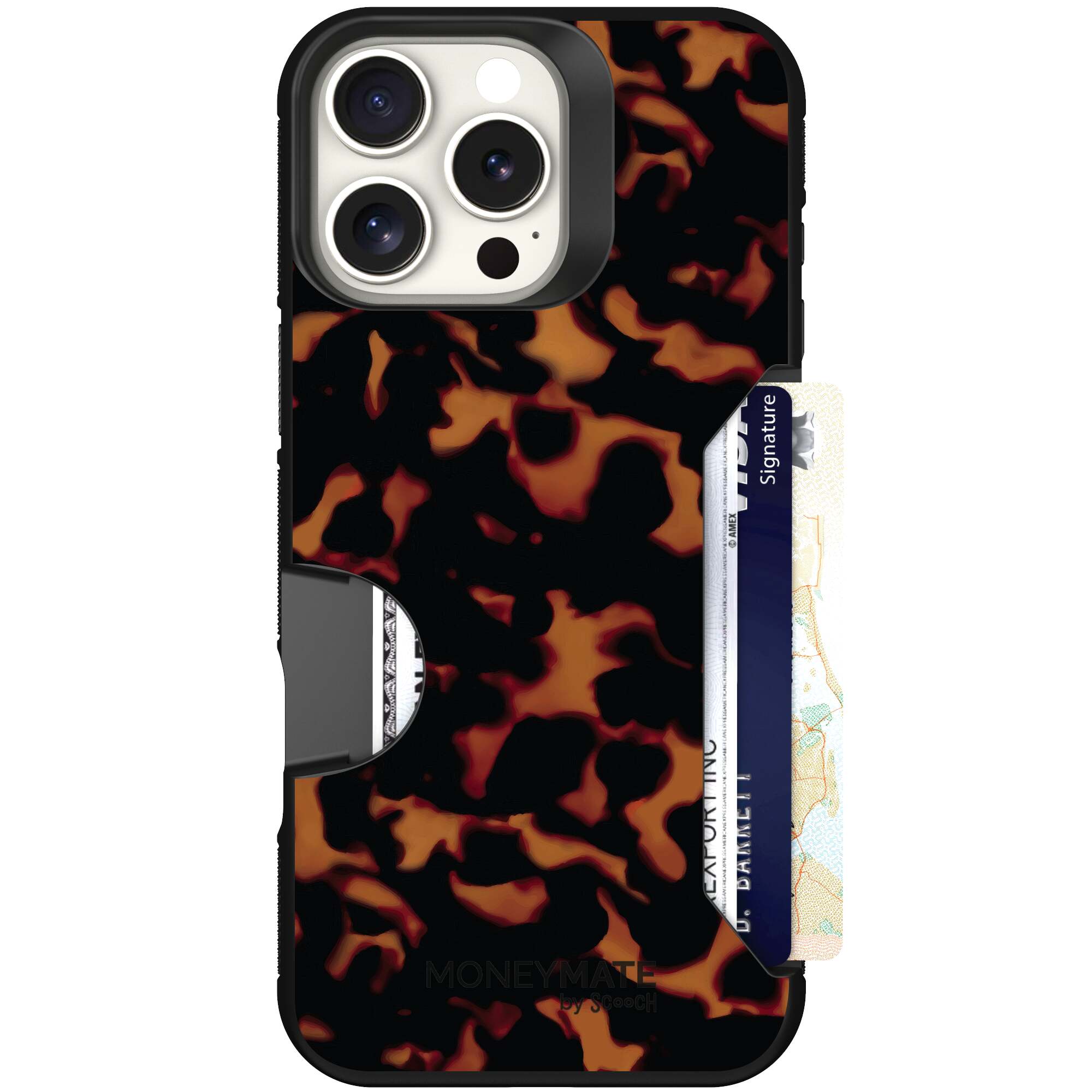 Tortoise Shell amber brown and black mottled pattern on a Scooch Moneymate case for iPhone 16 Pro Max
