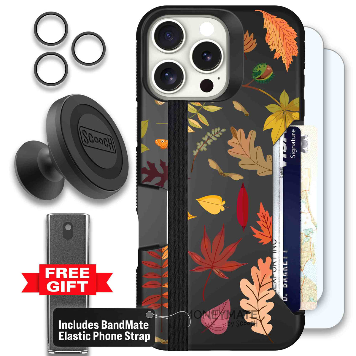 Autumn Leaves multicolored fall foliage pattern on a charcoal Scooch Moneymate case for iPhone 16 Pro Max - Defender Bundle