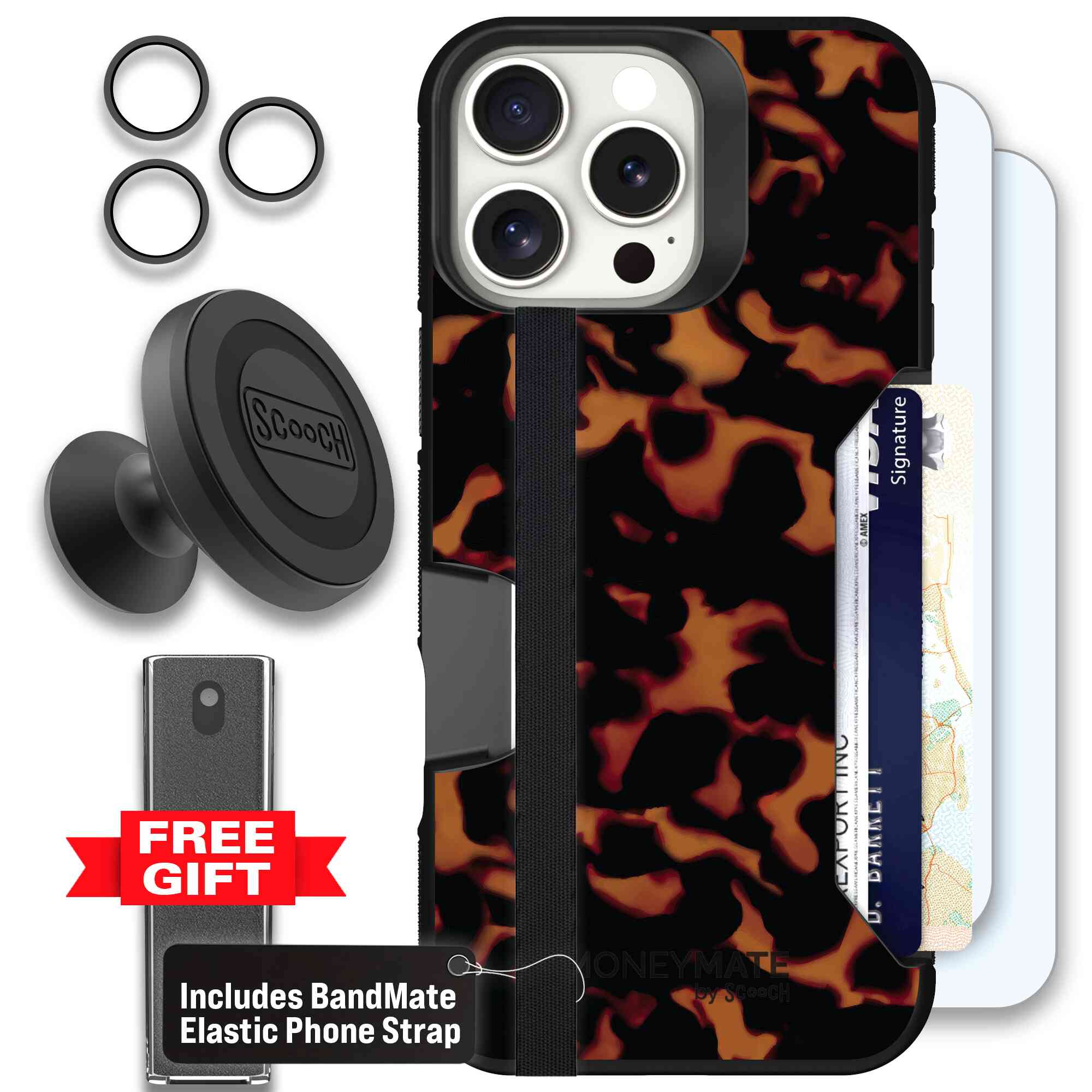Tortoise Shell amber brown and black mottled pattern on a Scooch Moneymate case for iPhone 16 Pro Max - Defender Bundle