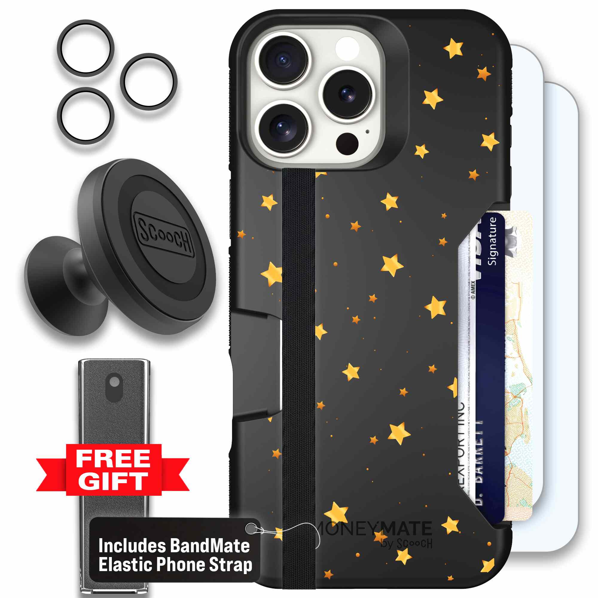 Gold Stars yellow and gold star pattern on a charcoal Scooch Moneymate case for iPhone 16 Pro Max - Defender Bundle