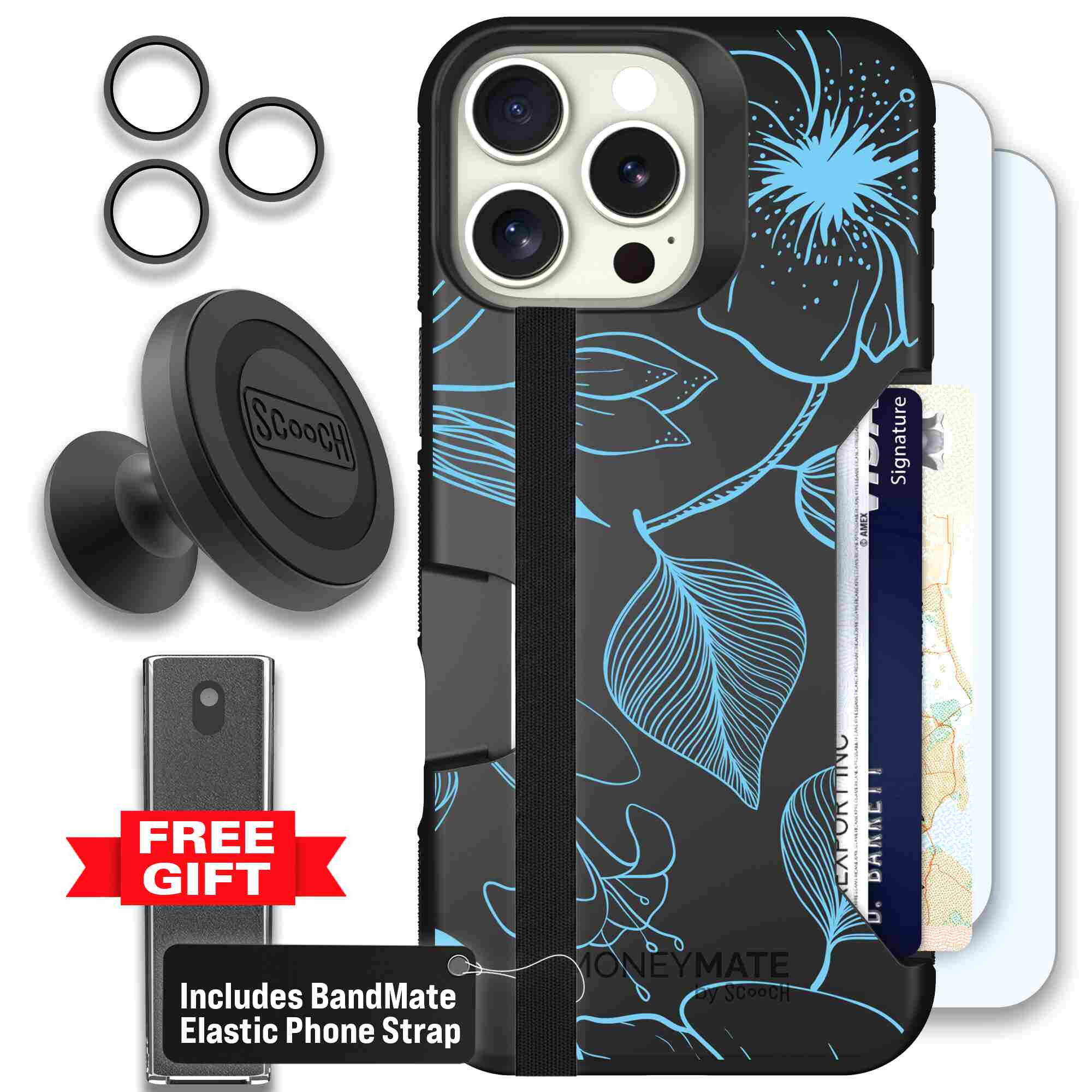 Blue Hibiscus cyan-blue tropical flower pattern on a charcoal Scooch Moneymate case for iPhone 16 Pro Max - Defender Bundle