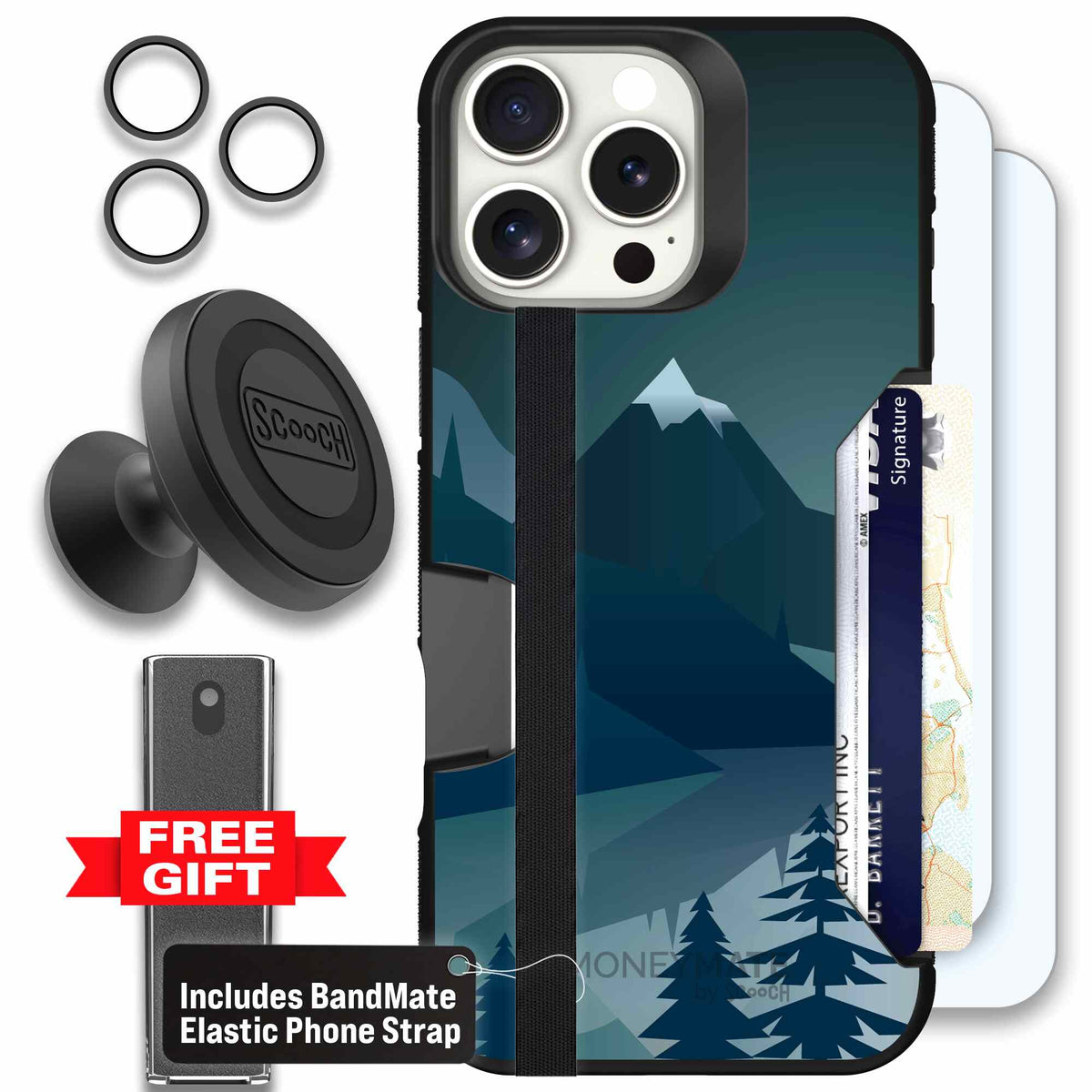 Midnight Ridge layered blue mountains and evergreen trees on a Scooch Moneymate case for iPhone 16 Pro Max - Defender Bundle