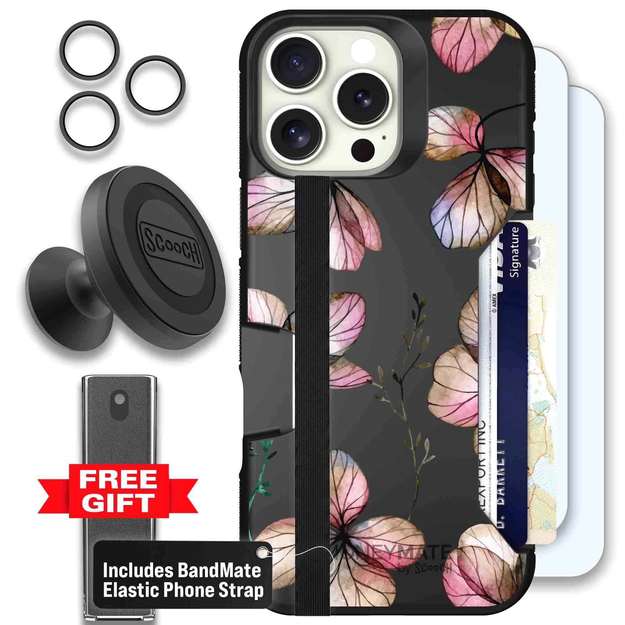 Dried Flowers blush mauve and cream floral pattern on a black Scooch Moneymate case for iPhone 16 Pro Max - Defender Bundle