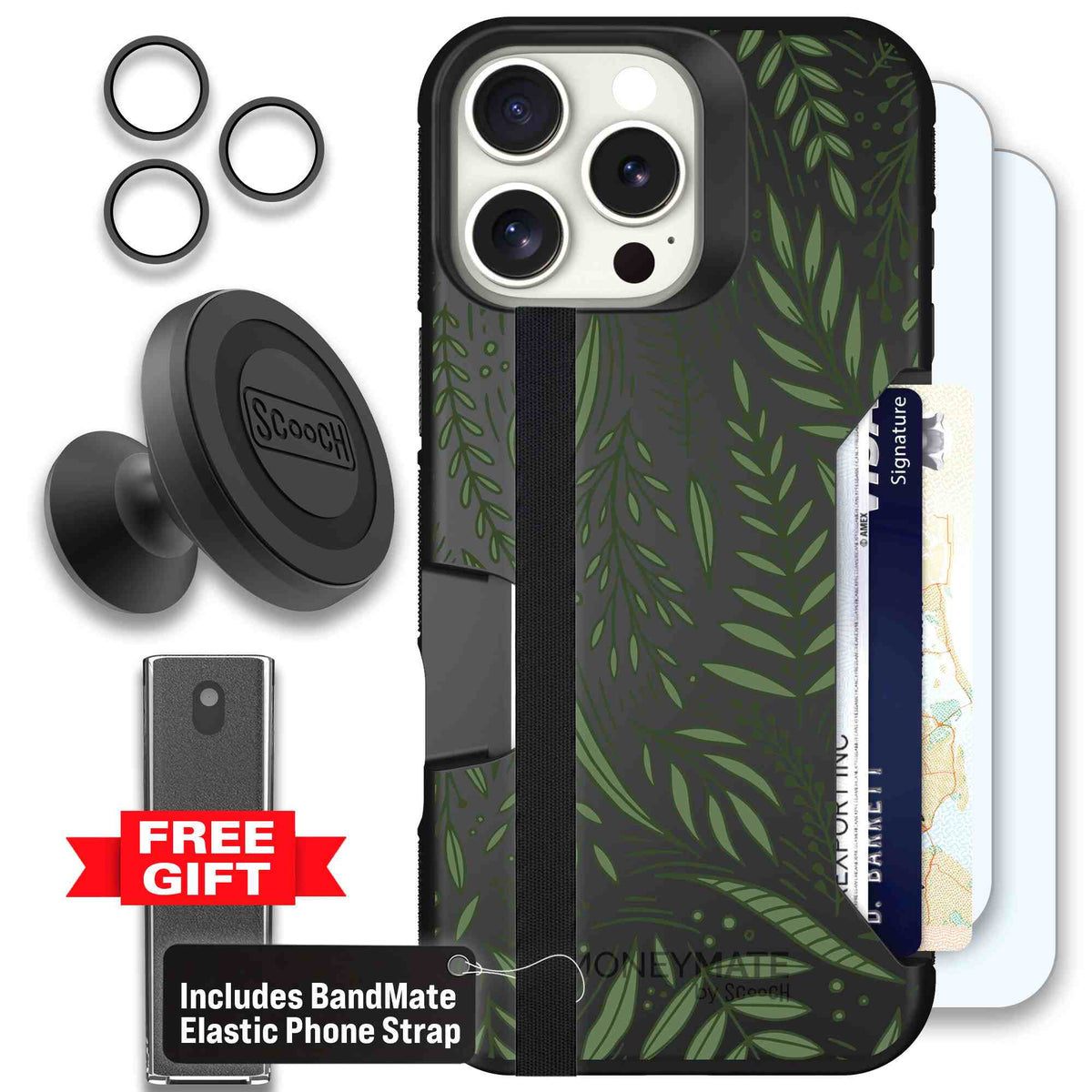 Willow Garden layered green leaves and branches on a charcoal Scooch Moneymate case for iPhone 16 Pro Max - Defender Bundle