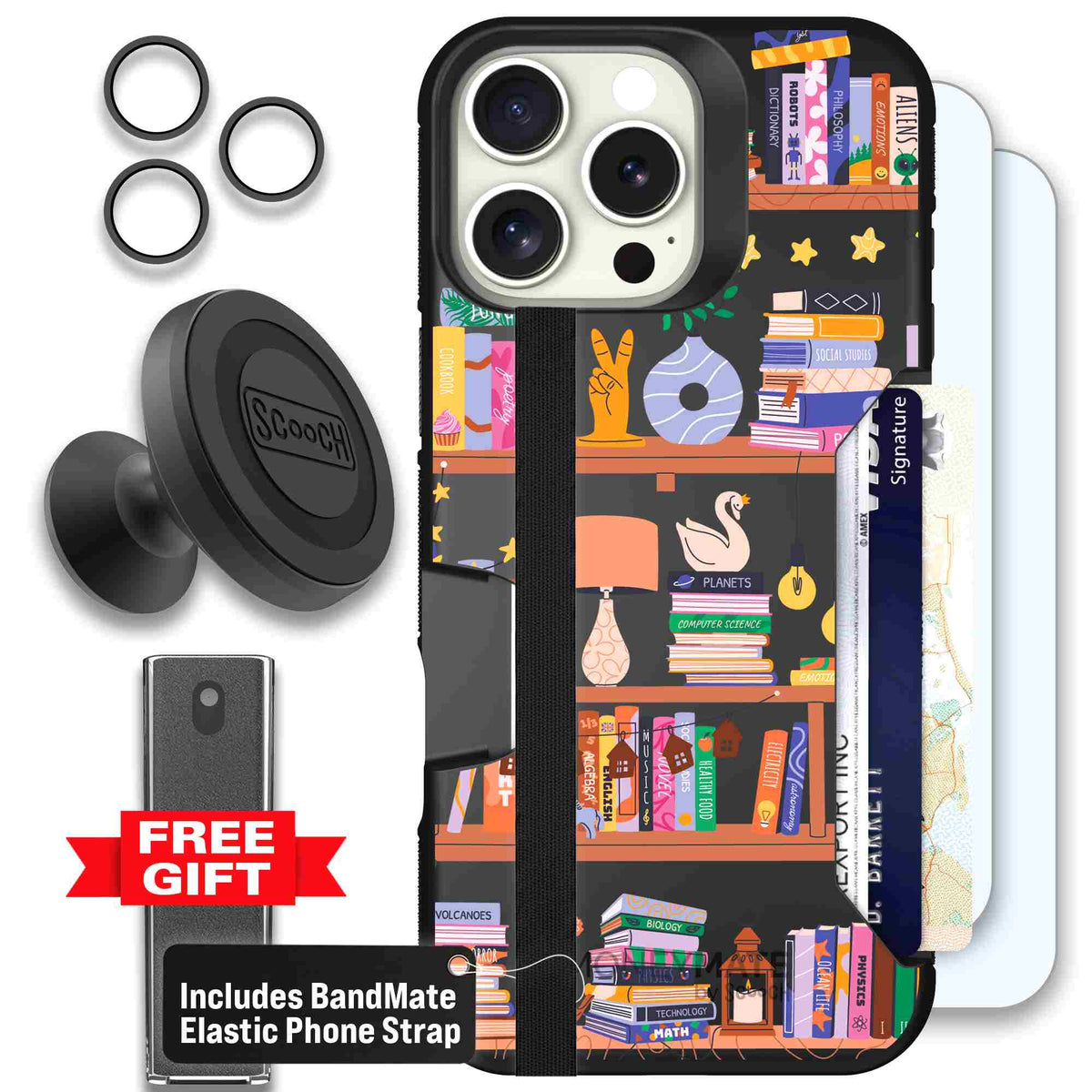 Little Library colorful book and bookshelf pattern on a Scooch Moneymate case for iPhone 16 Pro Max - Defender Bundle