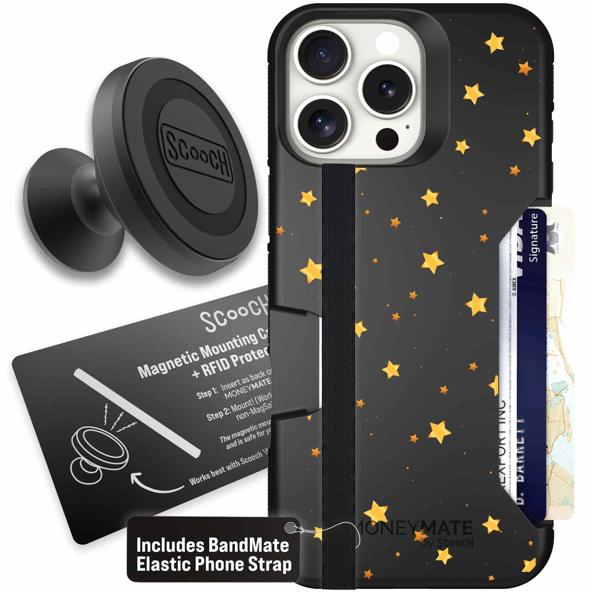 Gold Stars yellow and gold star pattern on a charcoal Scooch Moneymate case for iPhone 16 Pro Max - Starter Bundle