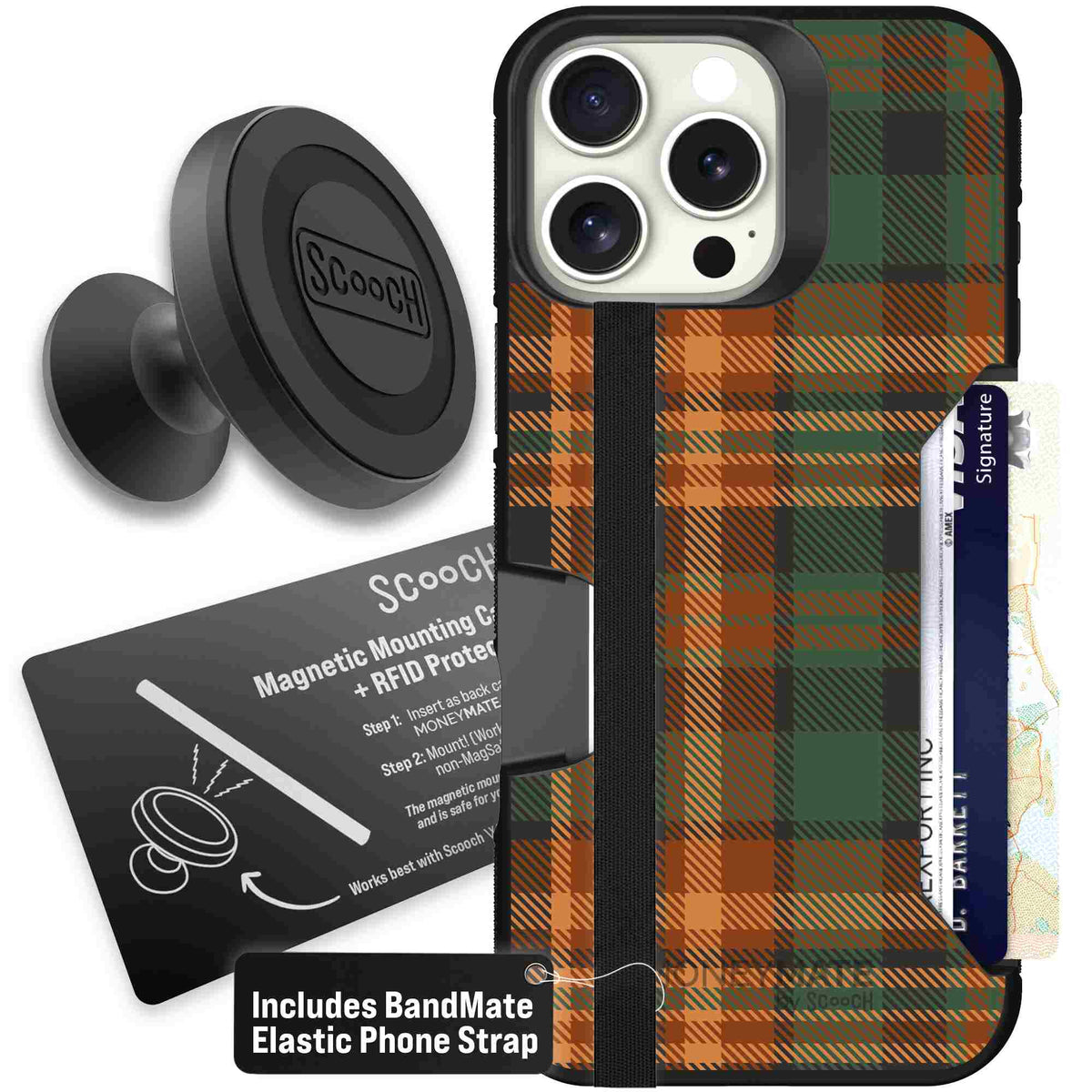 Fall Flannel orange and brown plaid pattern on a Scooch Moneymate case for iPhone 16 Pro Max - Starter Bundle