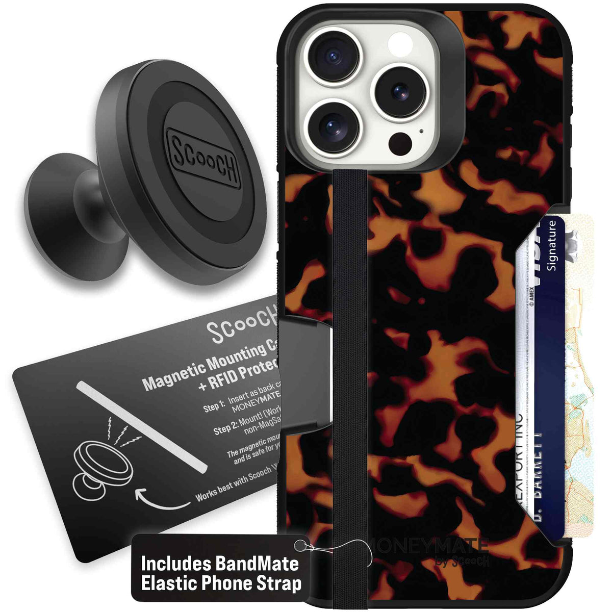 Tortoise Shell amber brown and black mottled pattern on a Scooch Moneymate case for iPhone 16 Pro Max - Starter Bundle