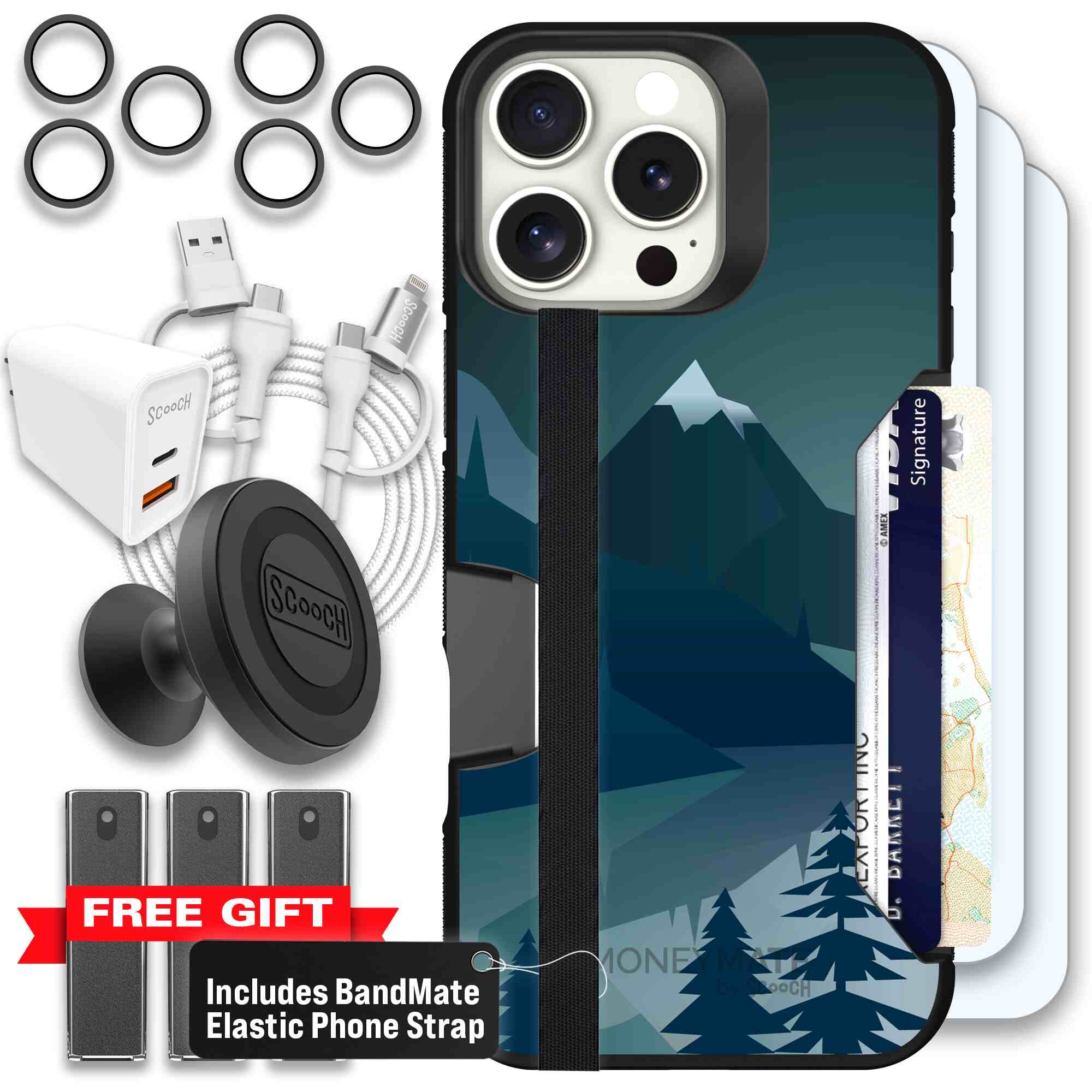 Midnight Ridge layered blue mountains and evergreen trees on a Scooch Moneymate case for iPhone 16 Pro Max - Ultimate Bundle