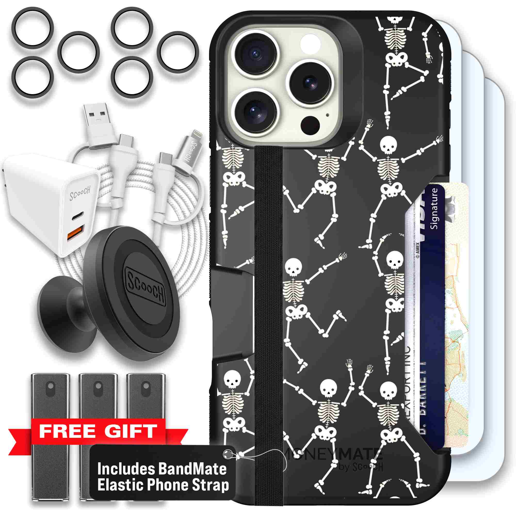 Swinging Skeletons white dancing skeleton pattern on a black Scooch Moneymate case for iPhone 16 Pro Max - Ultimate Bundle