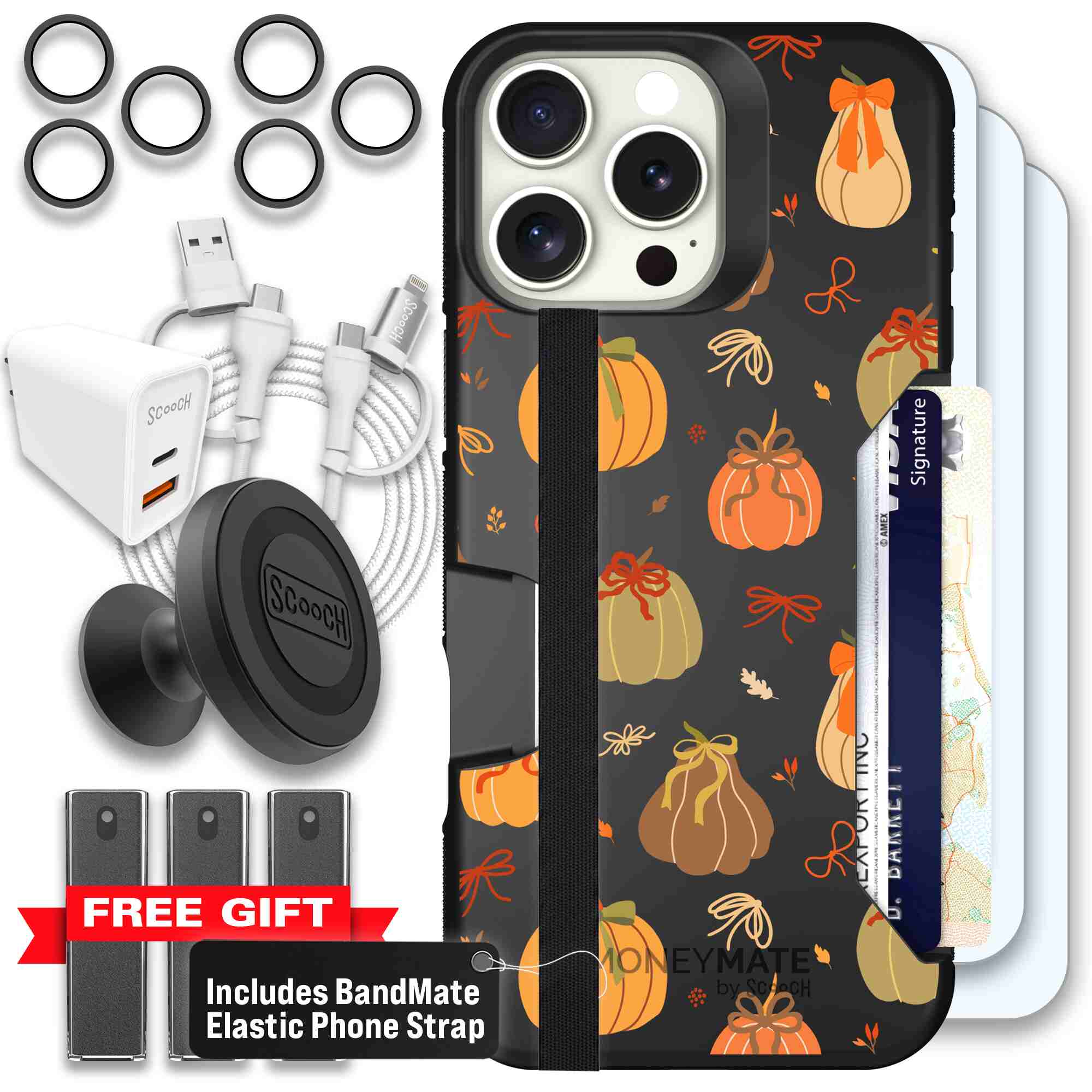 Pretty Pumpkins orange pumpkin and bow pattern on a Scooch Moneymate case for iPhone 16 Pro Max - Ultimate Bundle