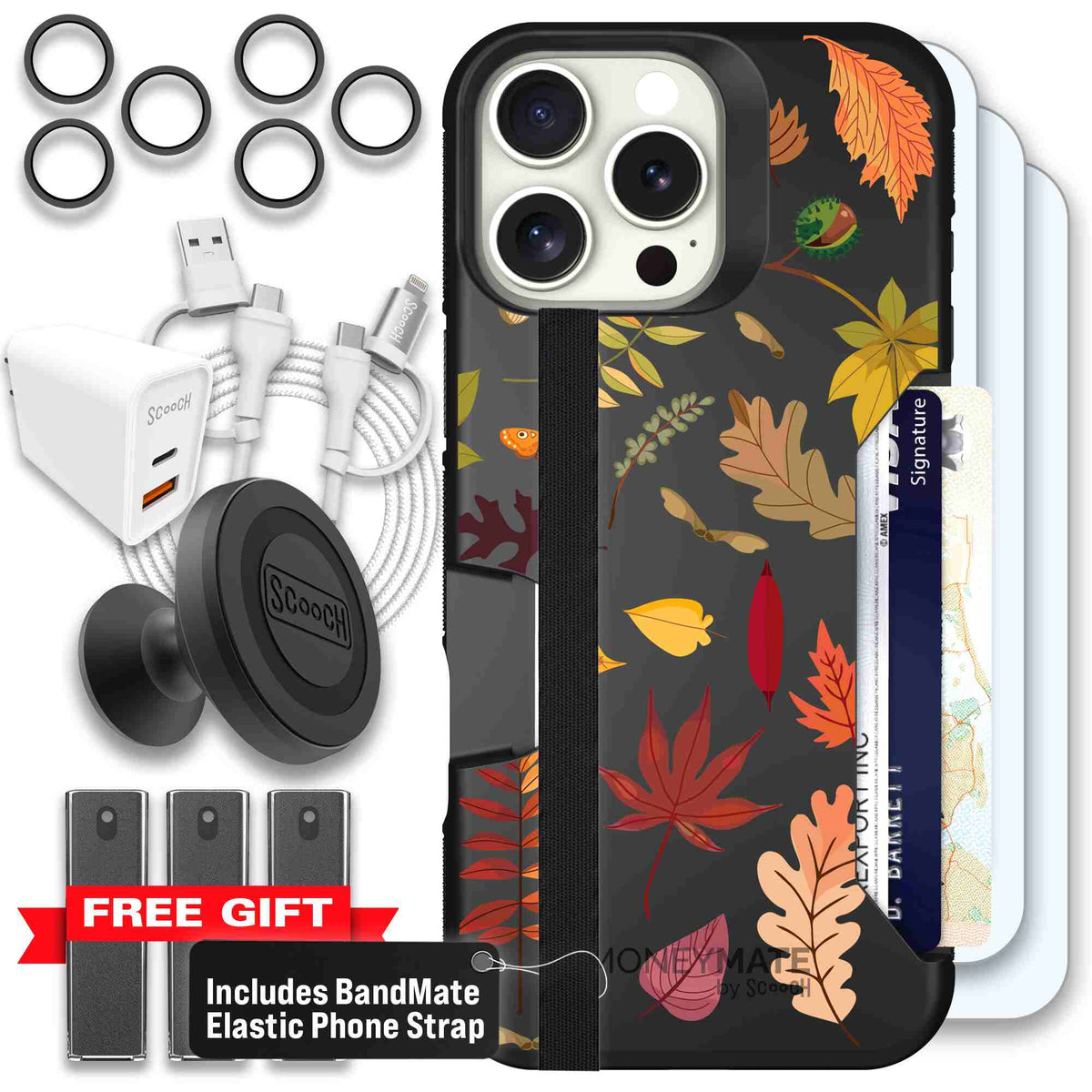 Autumn Leaves multicolored fall foliage pattern on a charcoal Scooch Moneymate case for iPhone 16 Pro Max - Ultimate Bundle