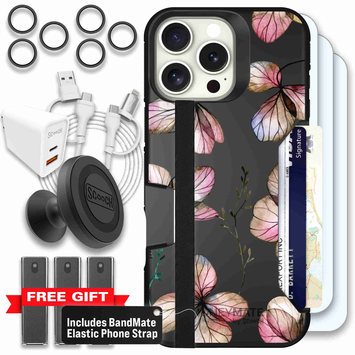 Dried Flowers blush mauve and cream floral pattern on a black Scooch Moneymate case for iPhone 16 Pro Max - Ultimate Bundle