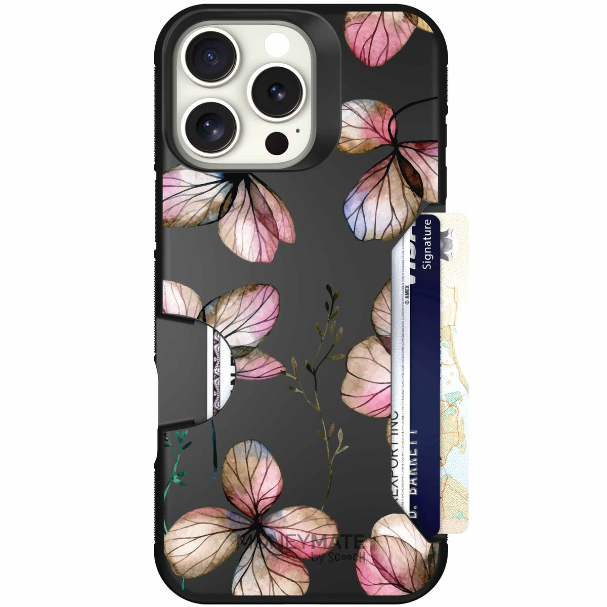 Dried Flowers blush mauve and cream floral pattern on a black Scooch Moneymate case for iPhone 16 Pro Max