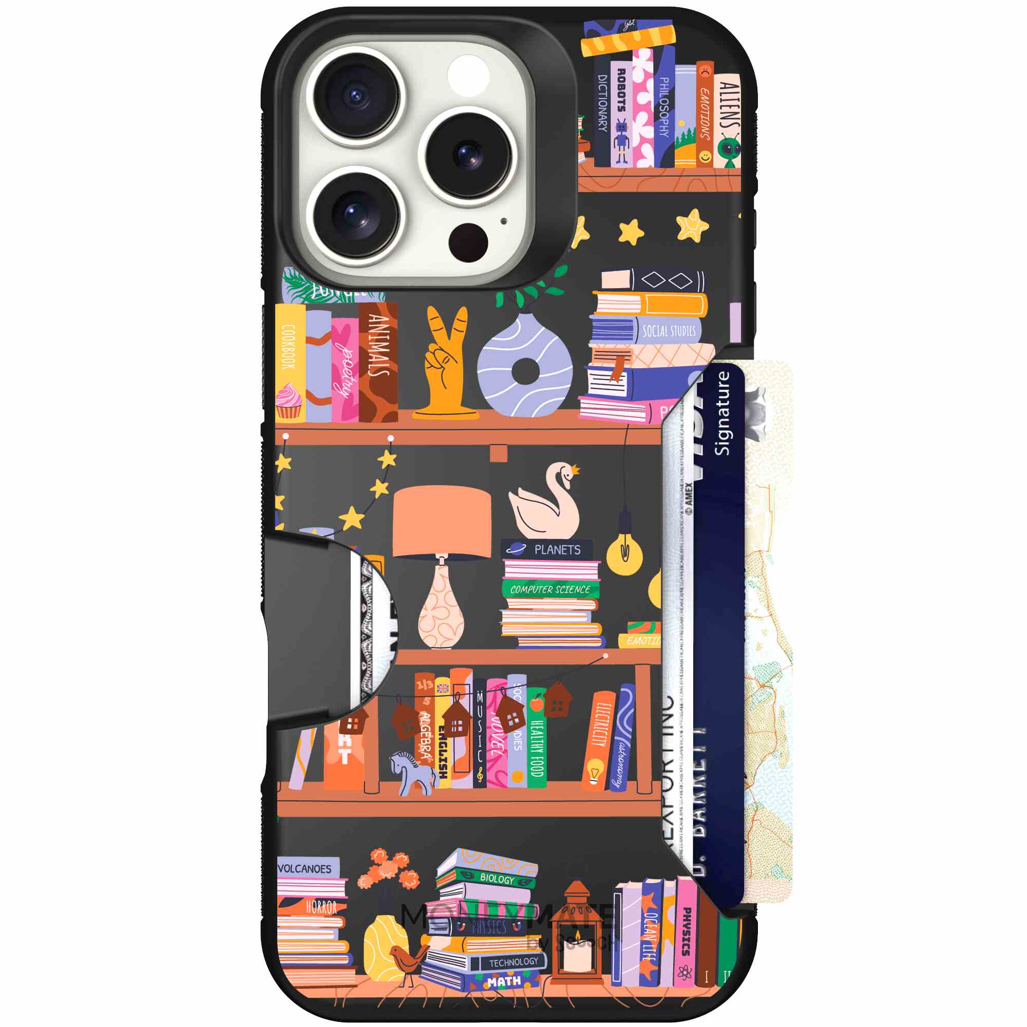 Little Library colorful book and bookshelf pattern on a Scooch Moneymate case for iPhone 16 Pro Max