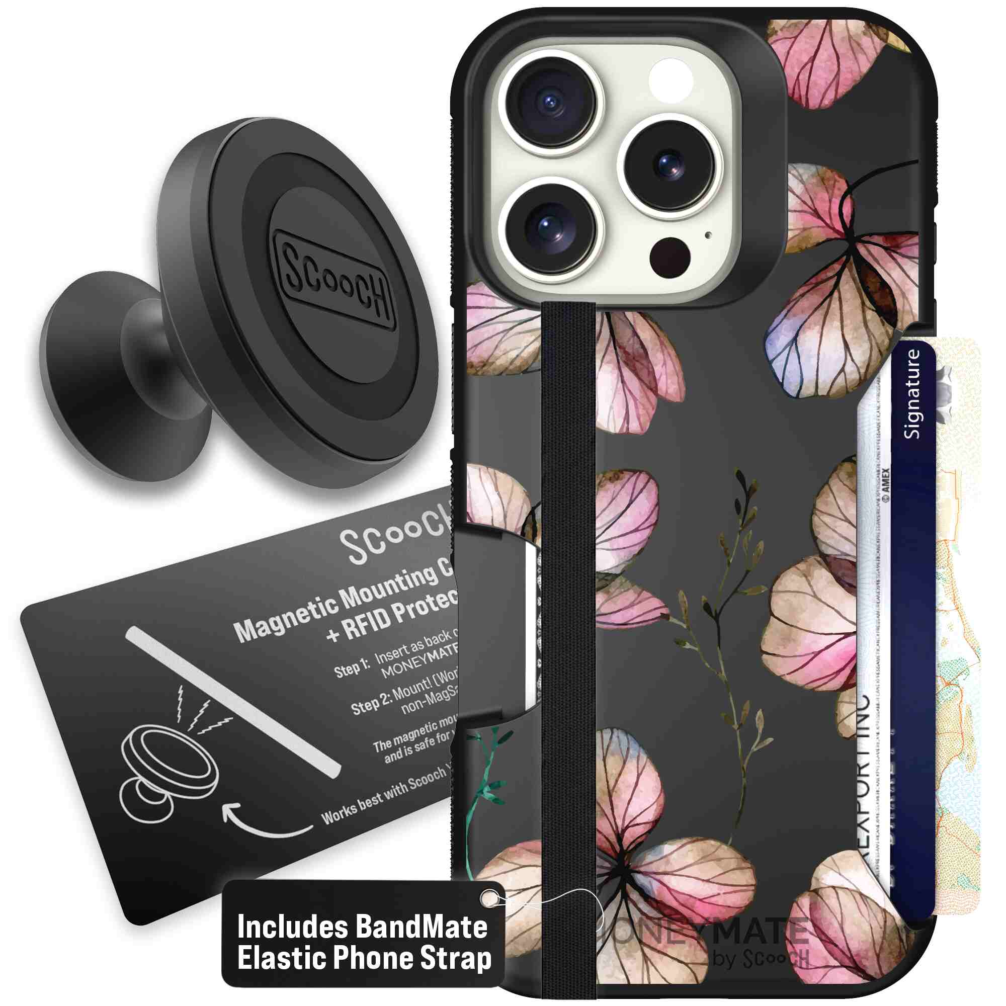 Dried Flowers blush mauve and cream floral pattern on a black Scooch Moneymate case for iPhone 16 Pro - Starter Bundle