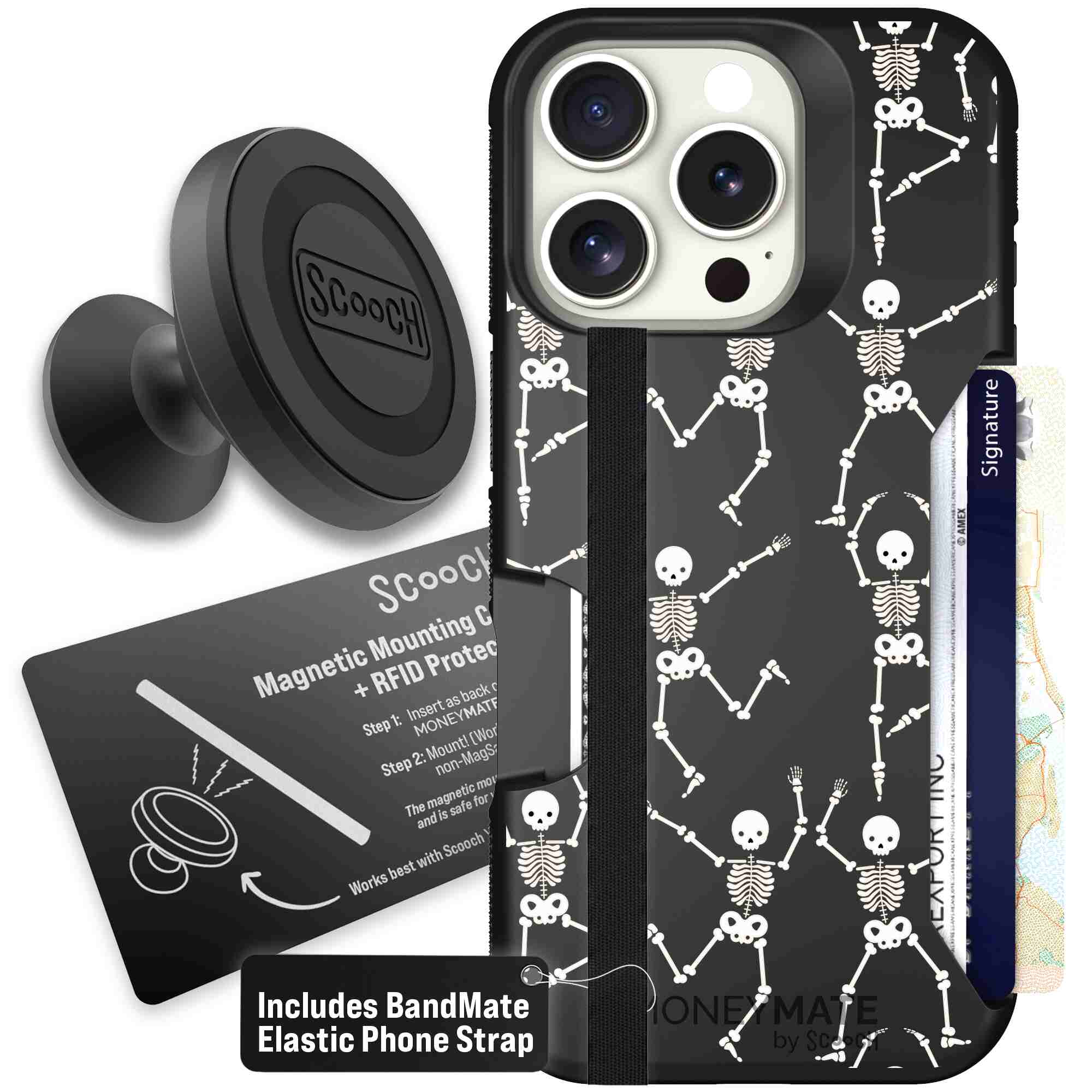Swinging Skeletons white dancing skeleton pattern on a black Scooch Moneymate case for iPhone 16 Pro - Starter Bundle