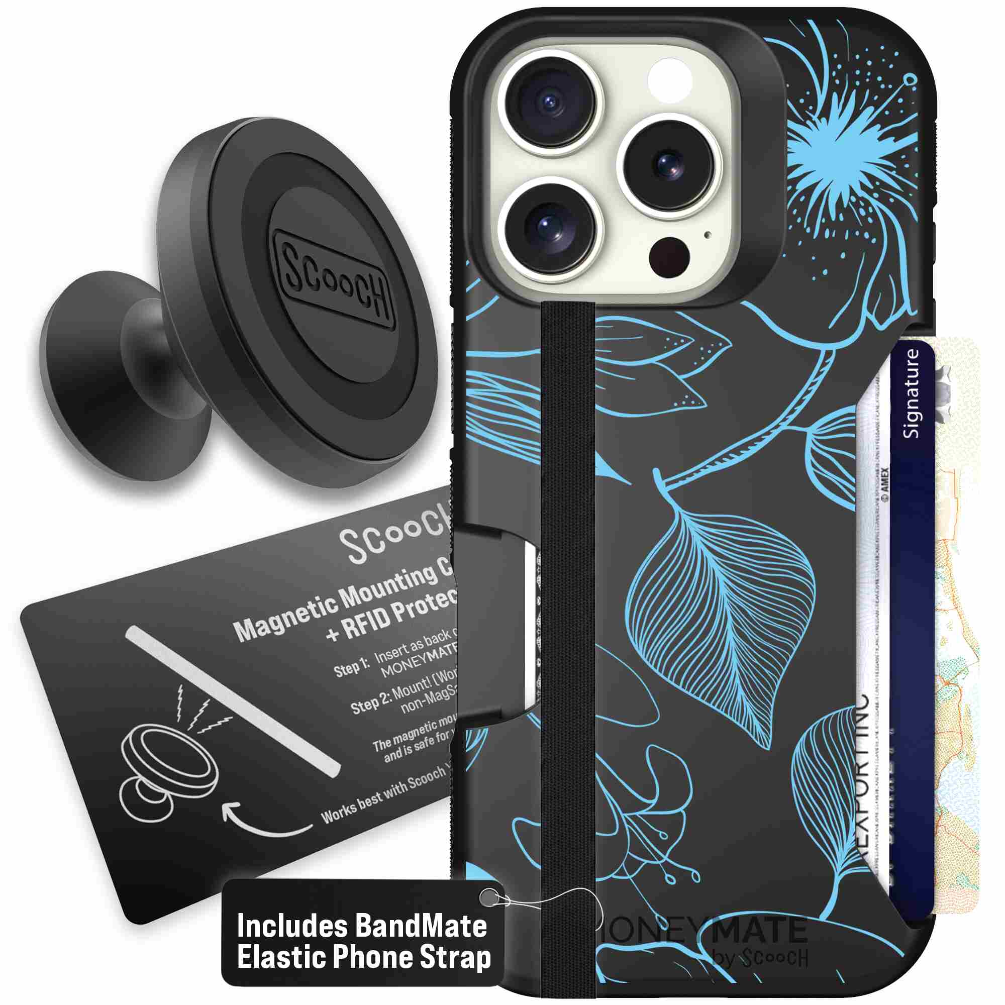Blue Hibiscus cyan-blue tropical flower pattern on a charcoal Scooch Moneymate case for iPhone 16 Pro - Starter Bundle
