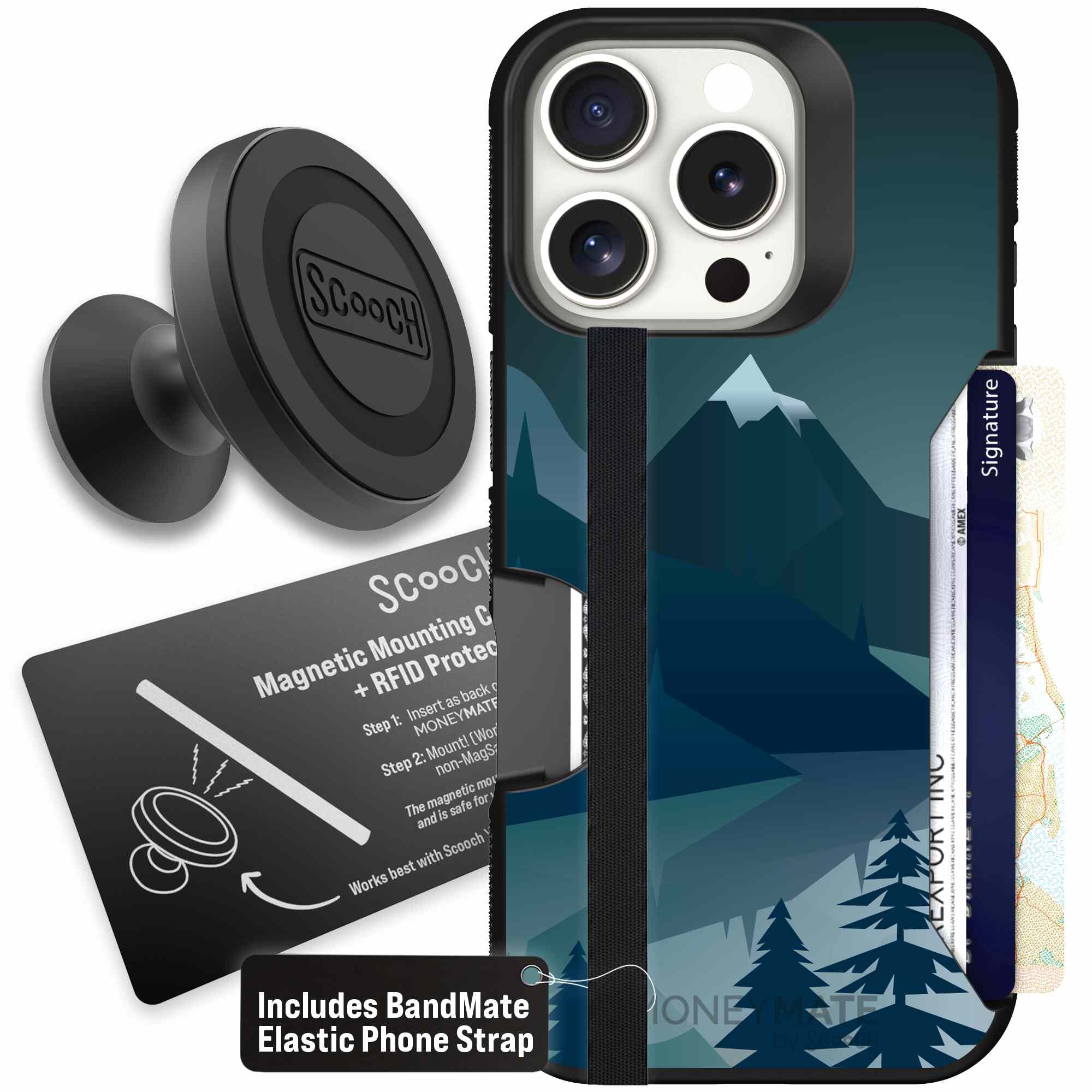 Midnight Ridge layered blue mountains and evergreen trees on a Scooch Moneymate case for iPhone 16 Pro - Starter Bundle