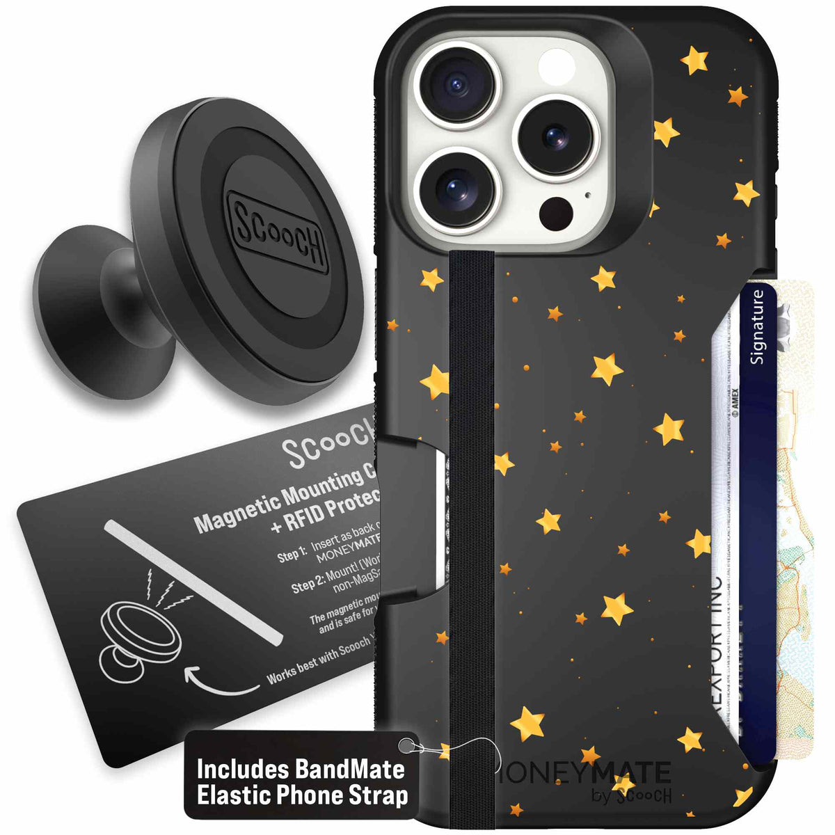 Gold Stars yellow and gold star pattern on a charcoal Scooch Moneymate case for iPhone 16 Pro - Starter Bundle