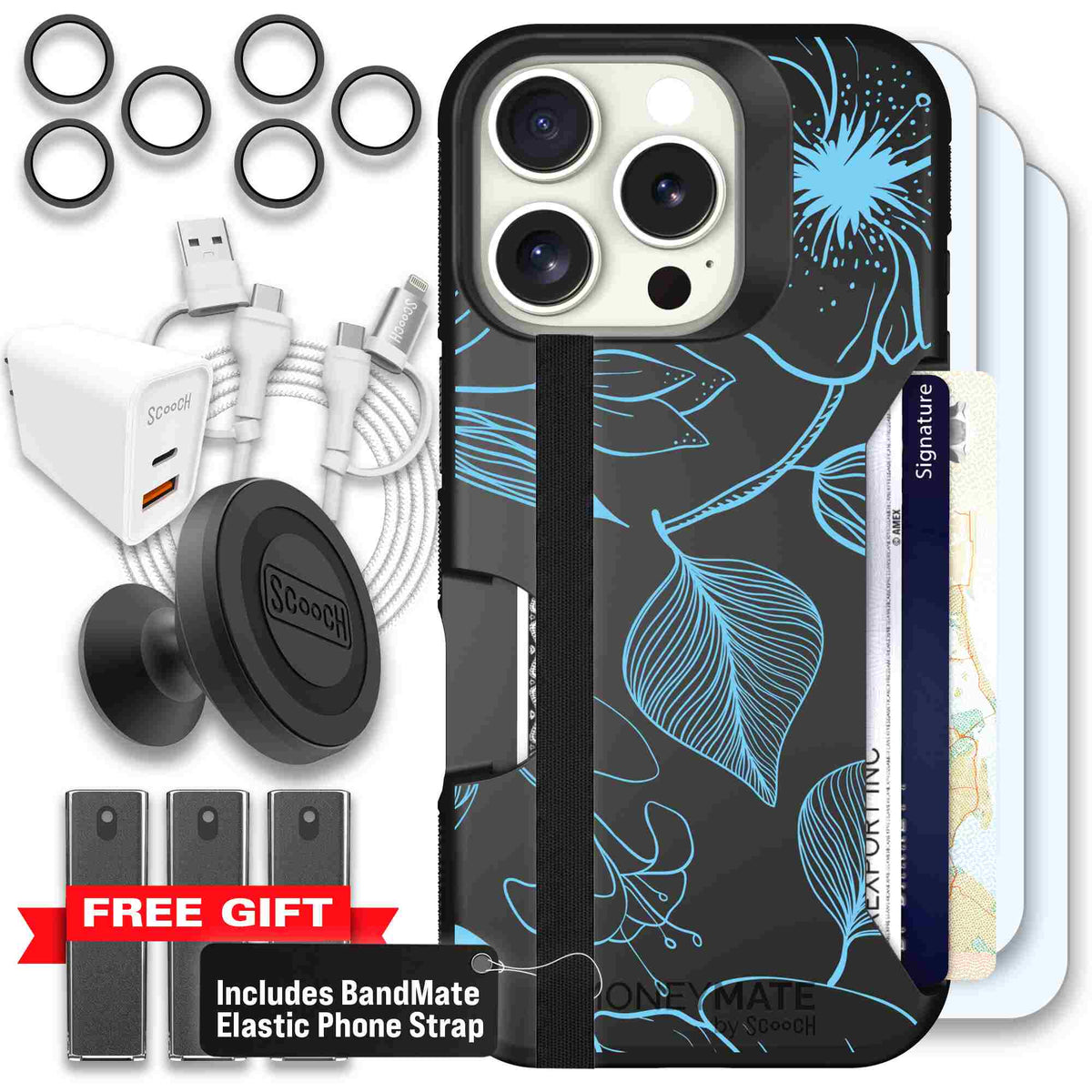 Blue Hibiscus cyan-blue tropical flower pattern on a charcoal Scooch Moneymate case for iPhone 16 Pro - Ultimate Bundle