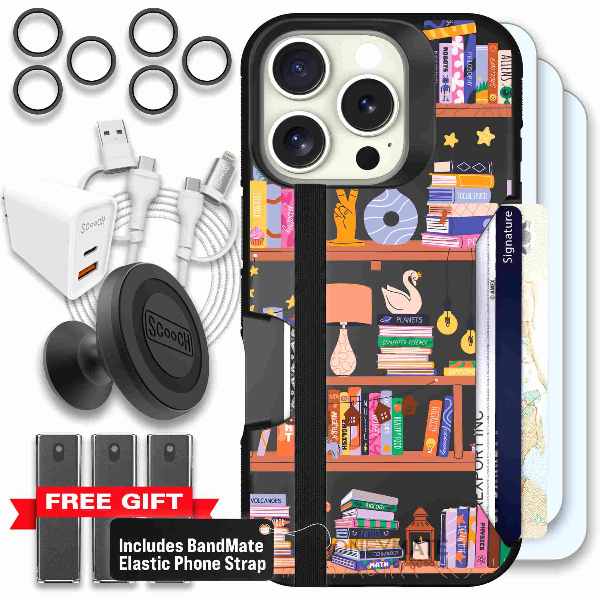 Little Library colorful book and bookshelf pattern on a Scooch Moneymate case for iPhone 16 Pro - Ultimate Bundle