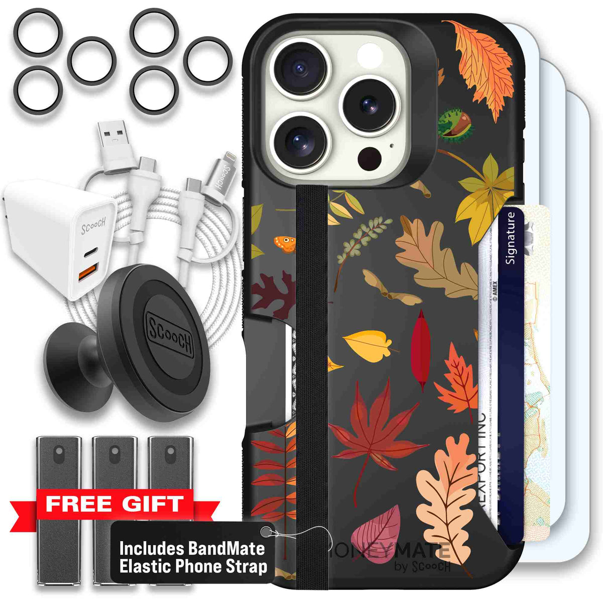 Autumn Leaves multicolored fall foliage pattern on a charcoal Scooch Moneymate case for iPhone 16 Pro - Ultimate Bundle