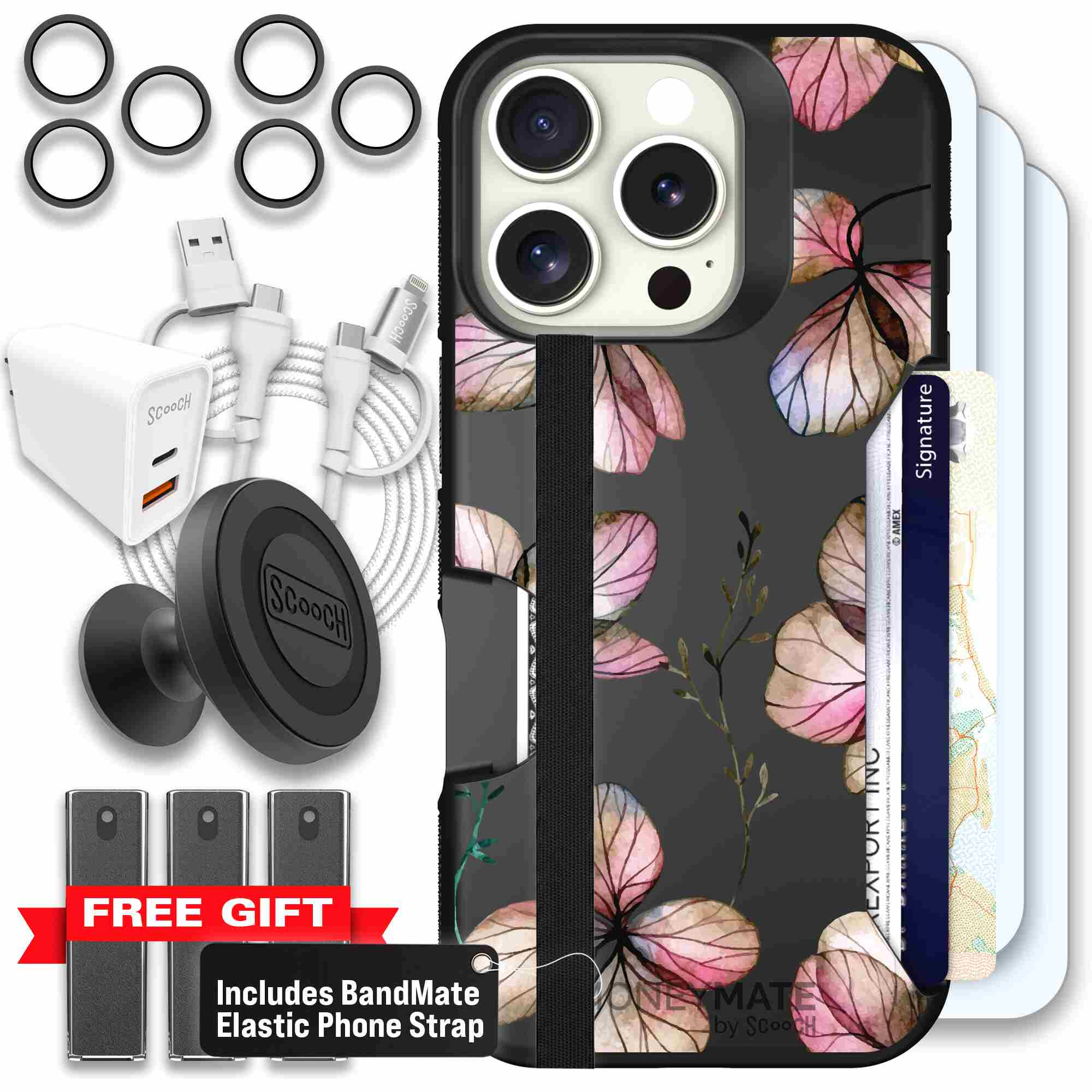 Dried Flowers blush mauve and cream floral pattern on a black Scooch Moneymate case for iPhone 16 Pro - Ultimate Bundle