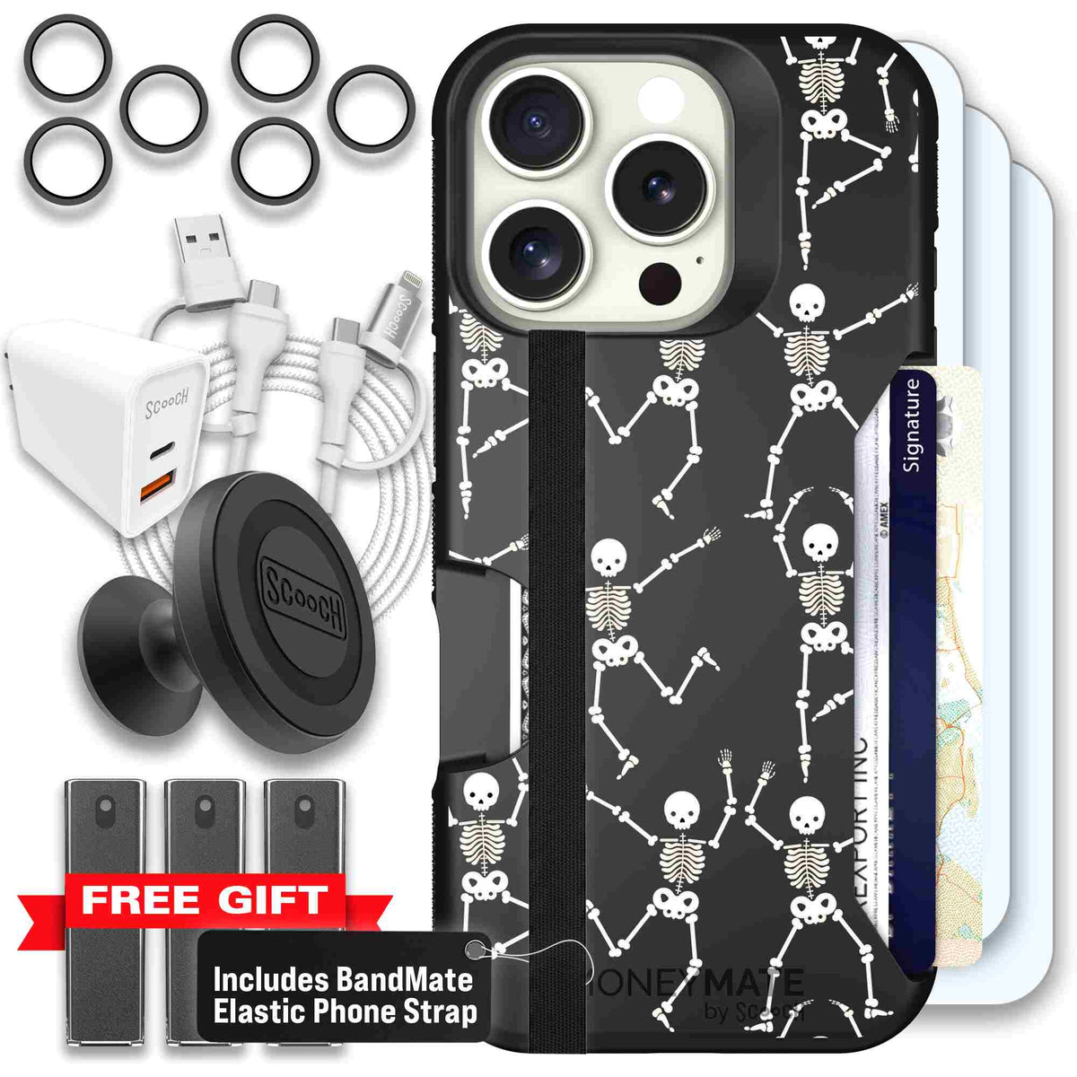 Swinging Skeletons white dancing skeleton pattern on a black Scooch Moneymate case for iPhone 16 Pro - Ultimate Bundle