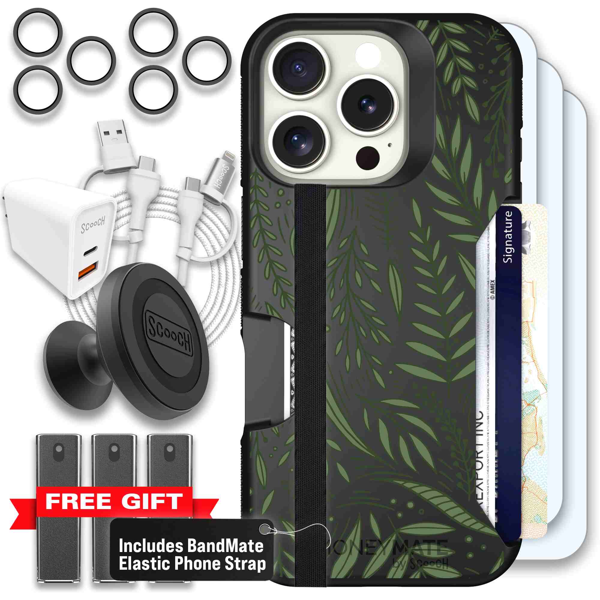 Willow Garden layered green leaves and branches on a charcoal Scooch Moneymate case for iPhone 16 Pro - Ultimate Bundle