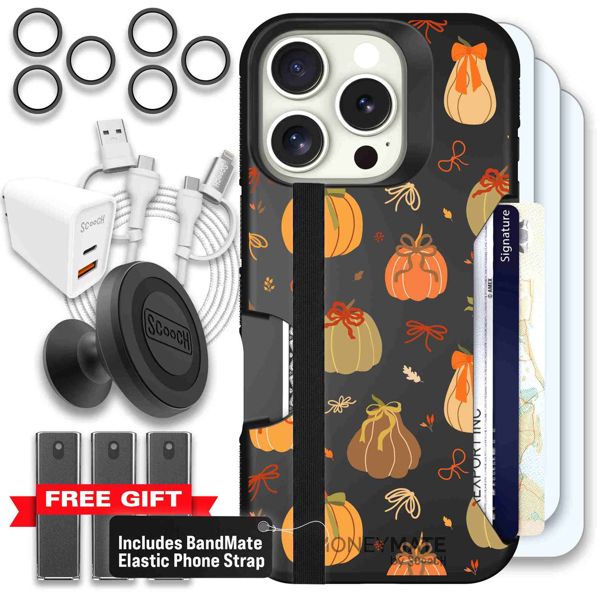 Pretty Pumpkins orange pumpkin and bow pattern on a Scooch Moneymate case for iPhone 16 Pro - Ultimate Bundle