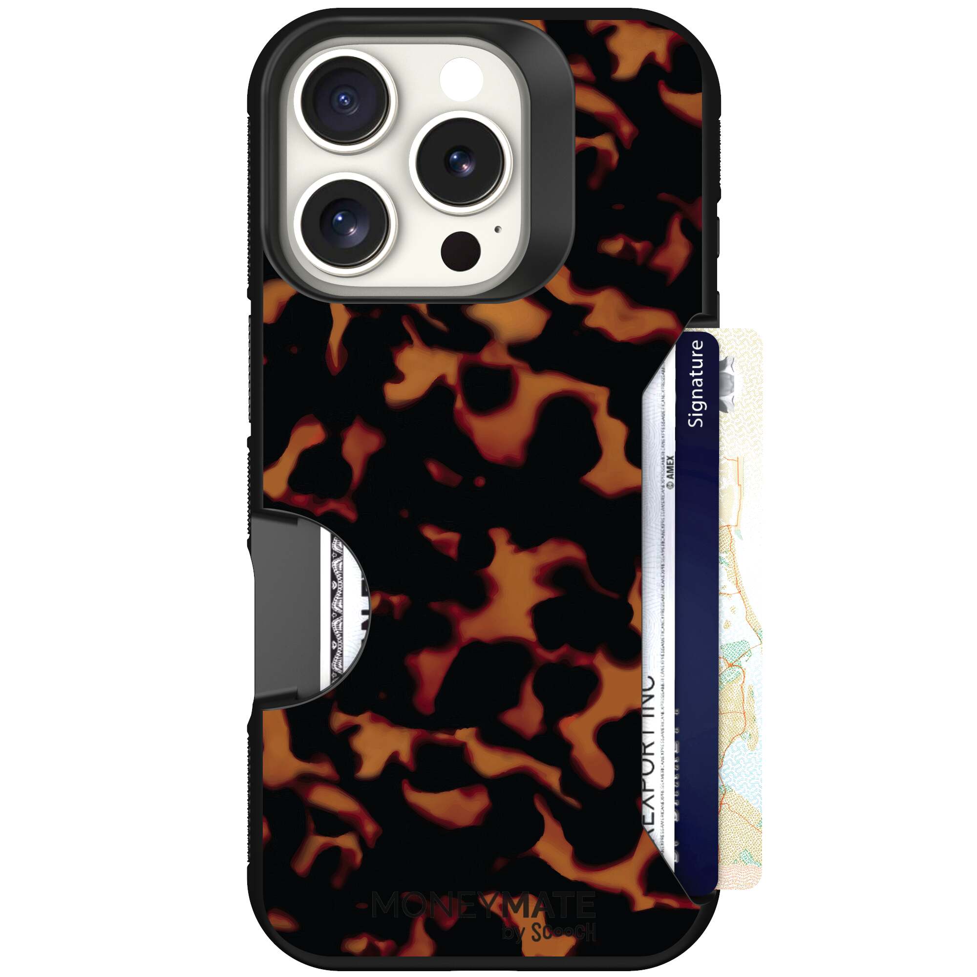 Tortoise Shell amber brown and black mottled pattern on a Scooch Moneymate case for iPhone 16 Pro