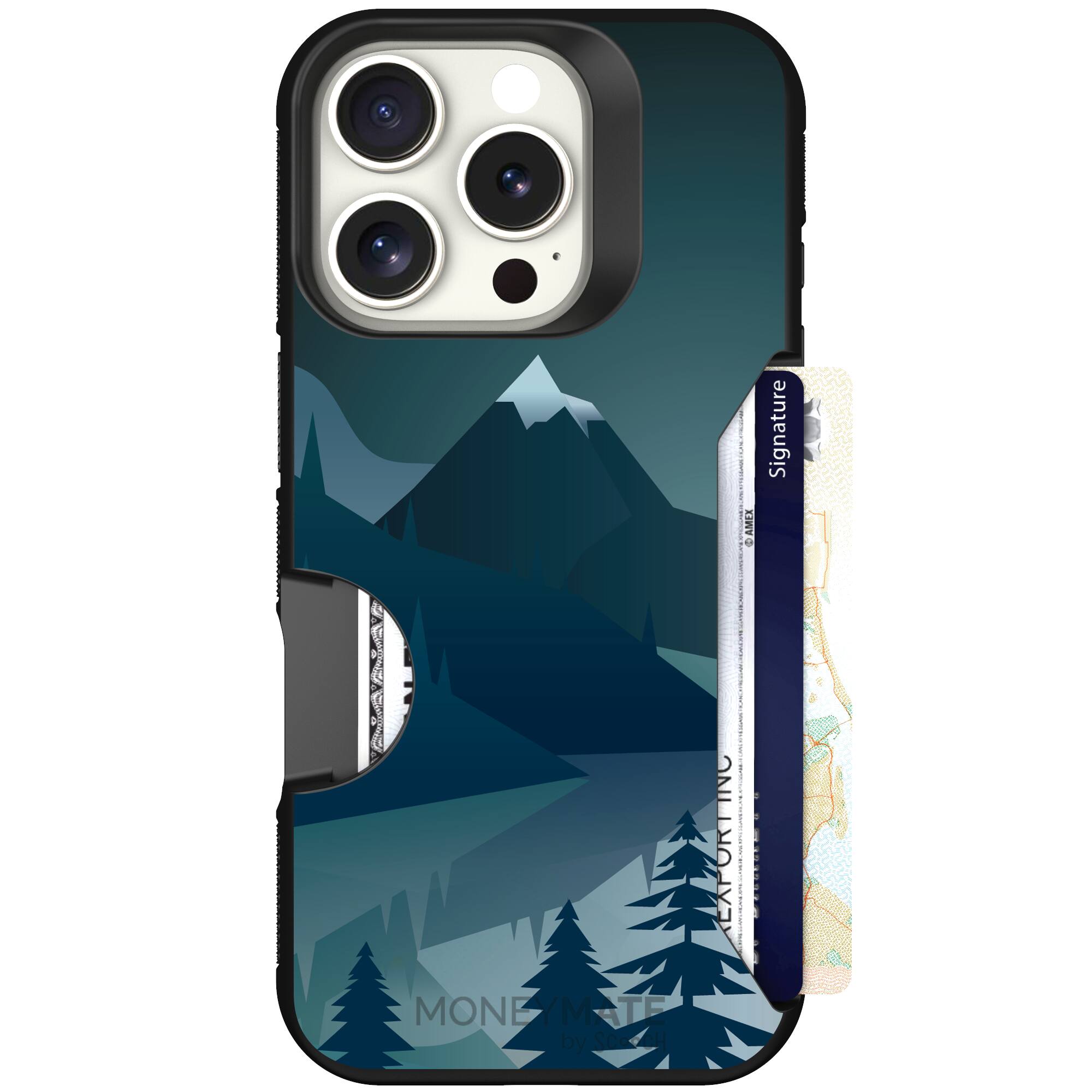 Midnight Ridge layered blue mountains and evergreen trees on a Scooch Moneymate case for iPhone 16 Pro