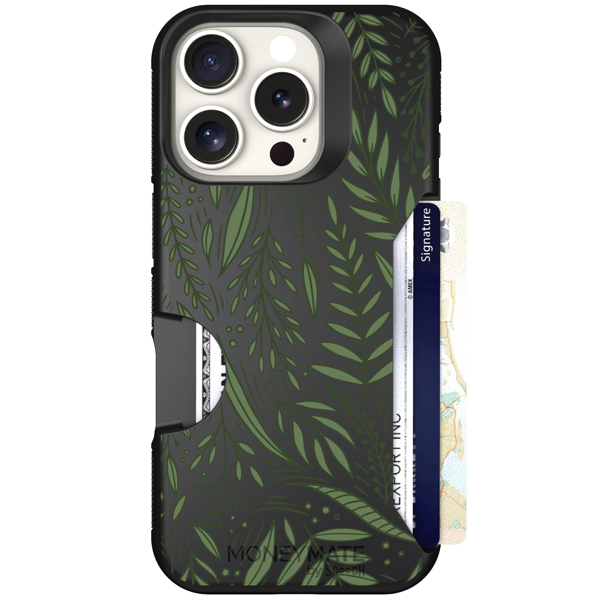 Willow Garden layered green leaves and branches on a charcoal Scooch Moneymate case for iPhone 16 Pro