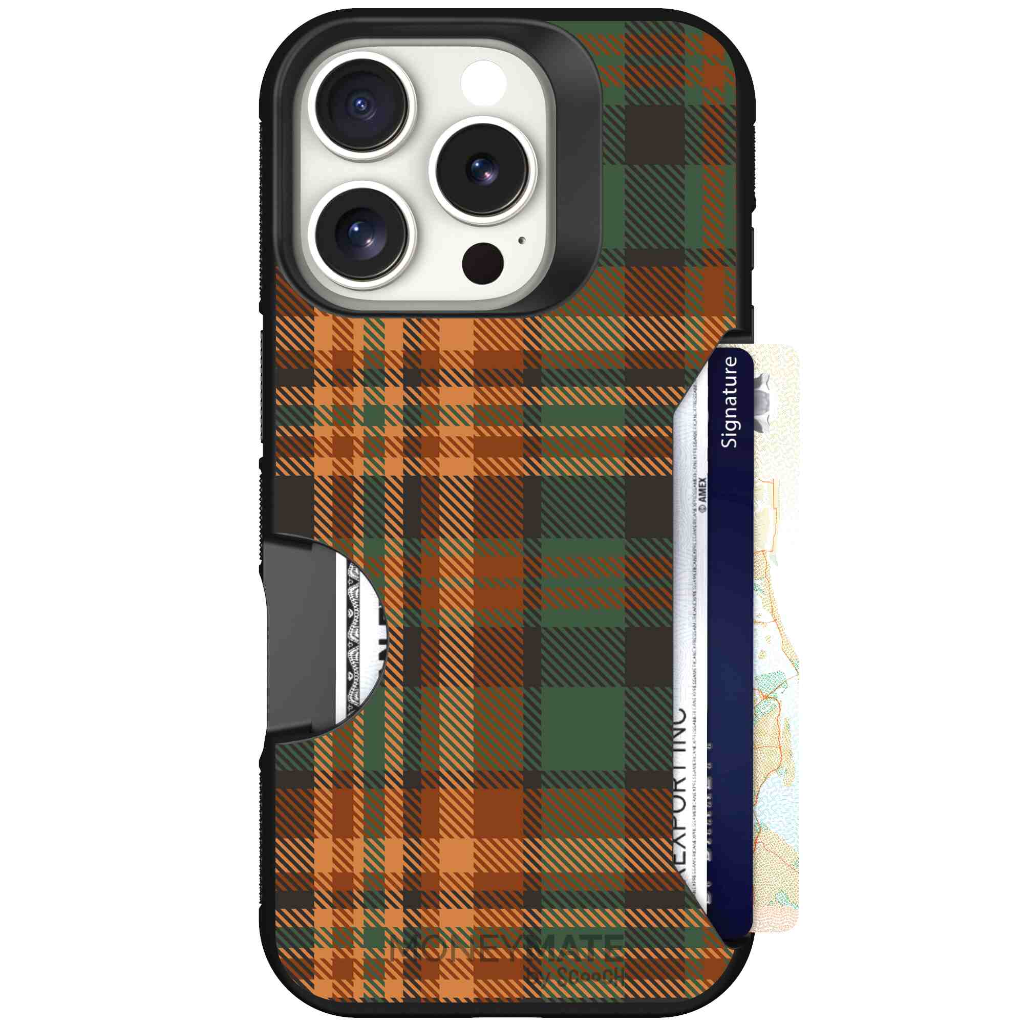 Fall Flannel orange and brown plaid pattern on a Scooch Moneymate case for iPhone 16 Pro
