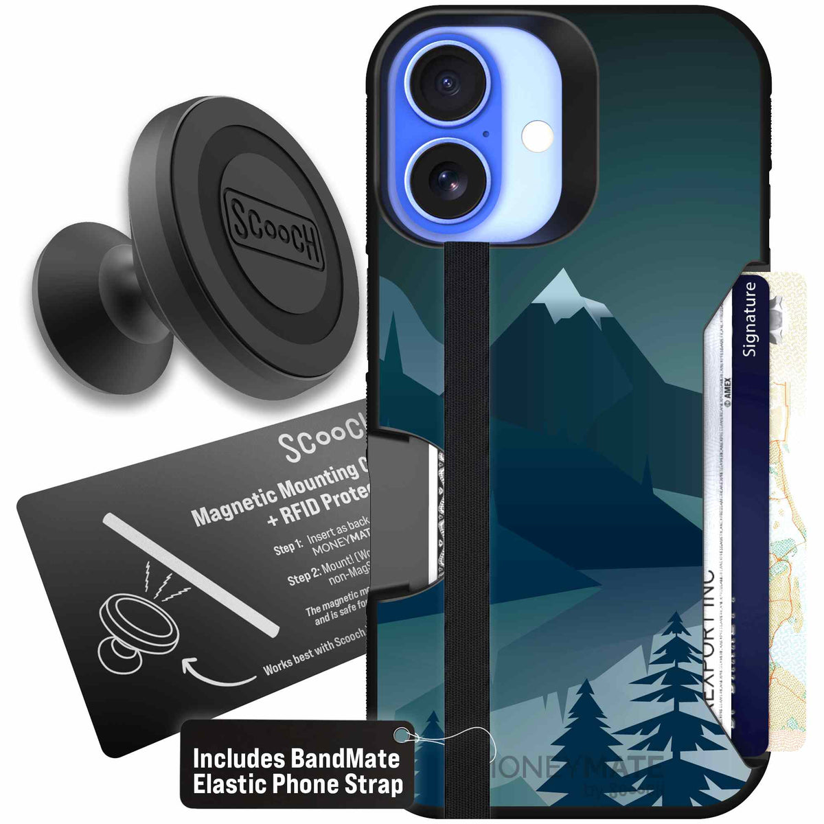 Midnight Ridge layered blue mountains and evergreen trees on a Scooch Moneymate case for iPhone 16 - Starter Bundle