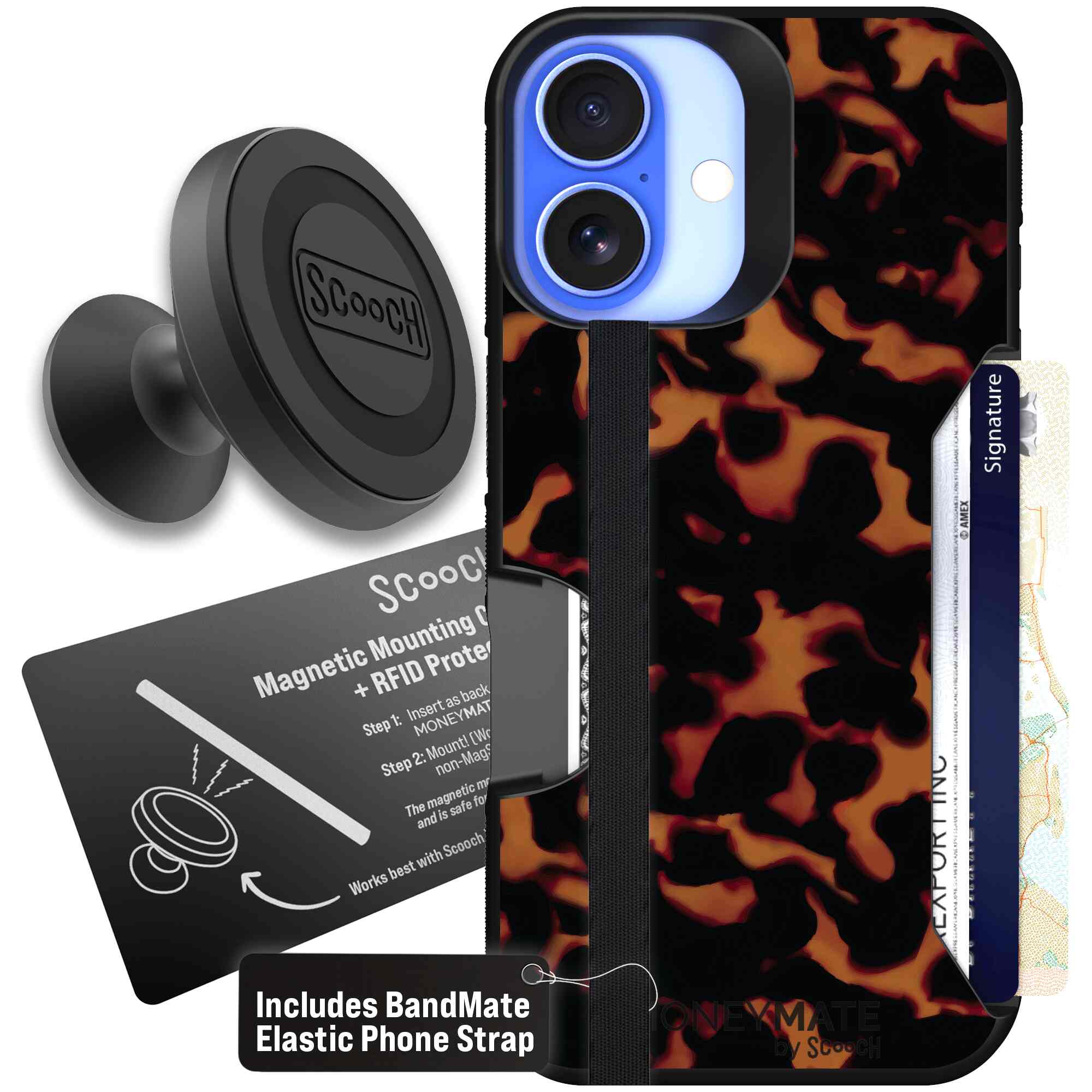 Tortoise Shell amber brown and black mottled pattern on a Scooch Moneymate case for iPhone 16 - Starter Bundle