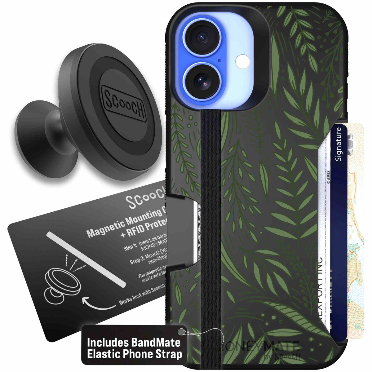 Willow Garden layered green leaves and branches on a charcoal Scooch Moneymate case for iPhone 16 - Starter Bundle