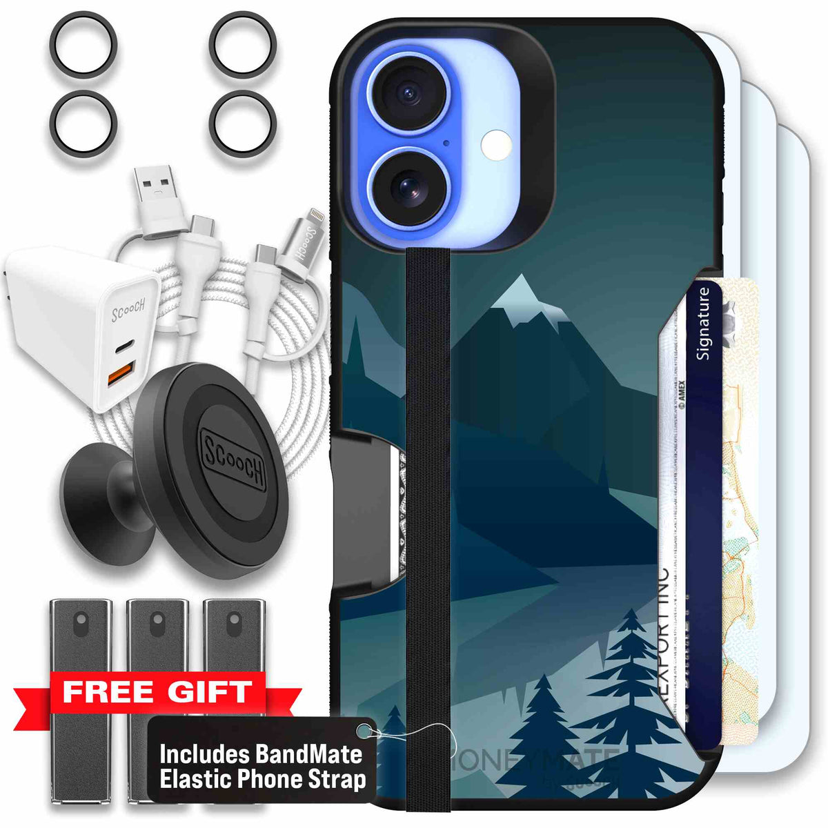 Midnight Ridge layered blue mountains and evergreen trees on a Scooch Moneymate case for iPhone 16 - Ultimate Bundle