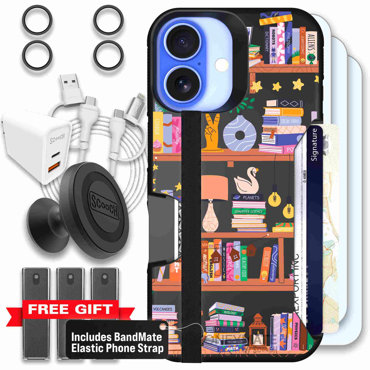 Little Library colorful book and bookshelf pattern on a Scooch Moneymate case for iPhone 16 - Ultimate Bundle