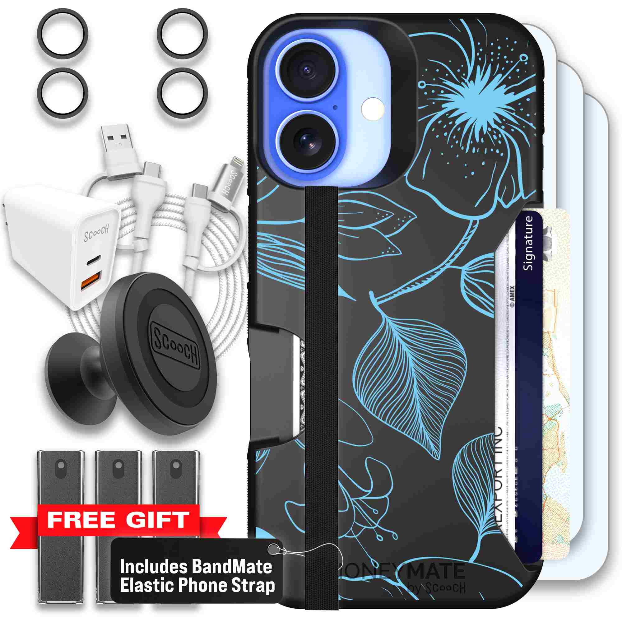 Blue Hibiscus cyan-blue tropical flower pattern on a charcoal Scooch Moneymate case for iPhone 16 - Ultimate Bundle