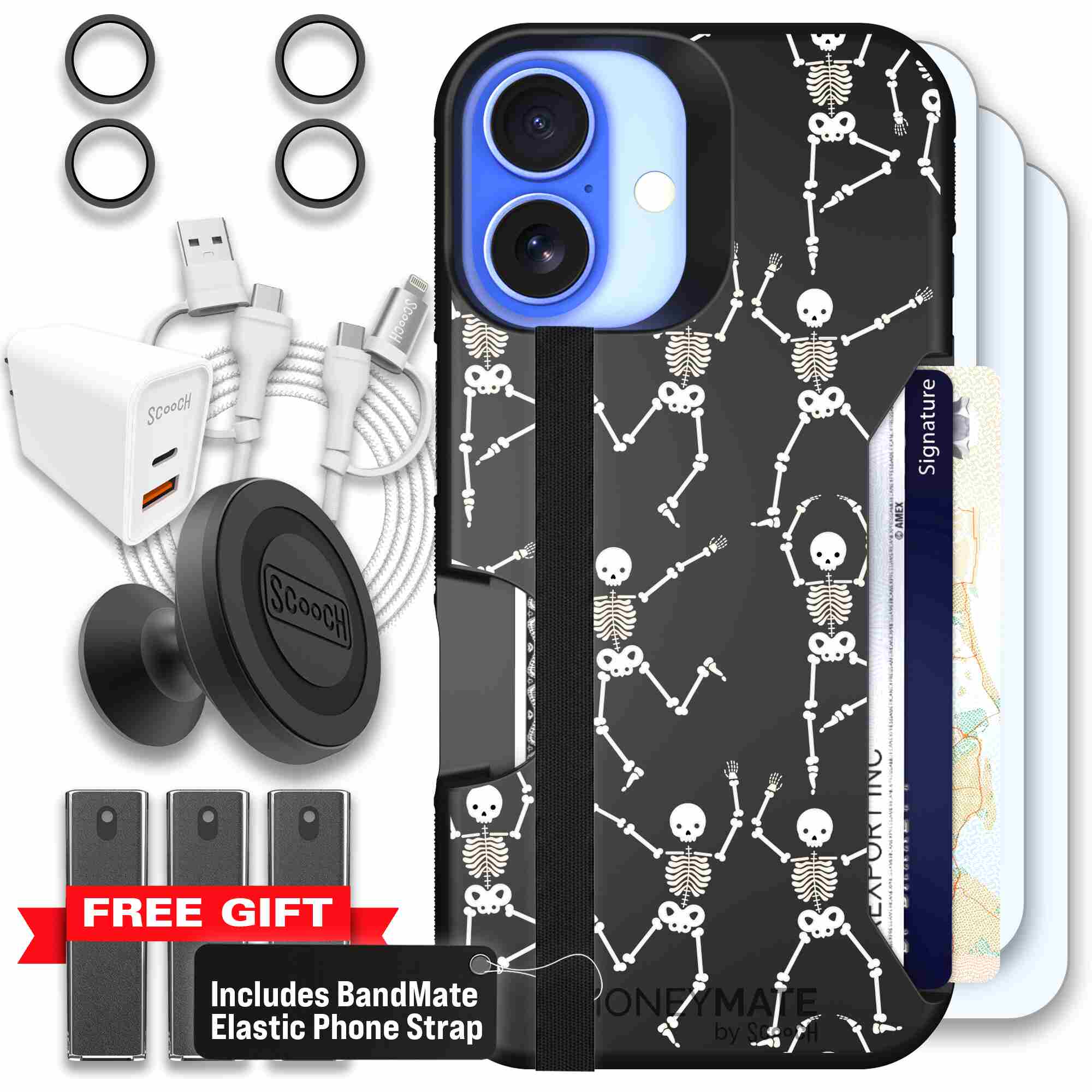 Swinging Skeletons white dancing skeleton pattern on a black Scooch Moneymate case for iPhone 16 - Ultimate Bundle
