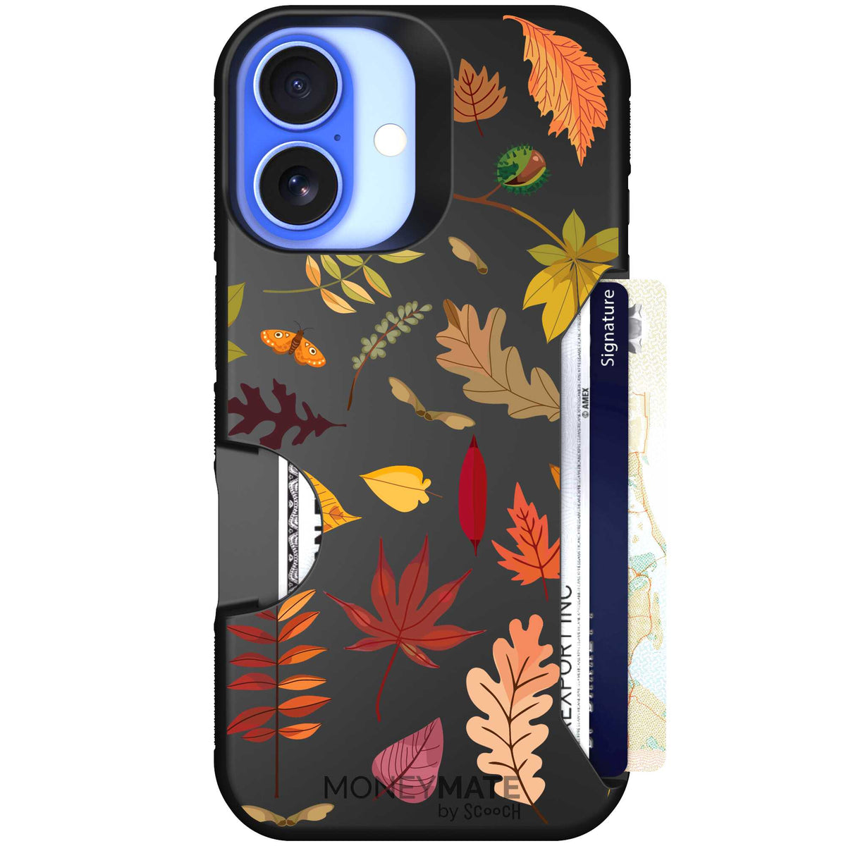 Autumn Leaves multicolored fall foliage pattern on a charcoal Scooch Moneymate case for iPhone 16