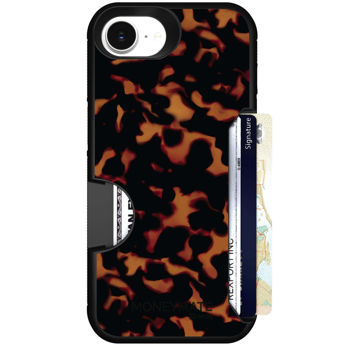 Tortoise Shell amber brown and black mottled pattern on a Scooch Moneymate case for iPhone 17e