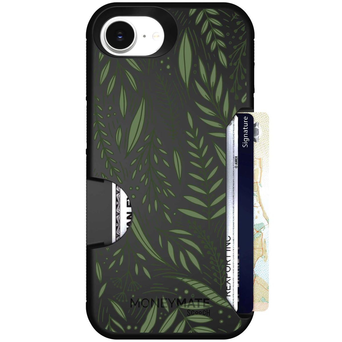 Willow Garden layered green leaves and branches on a charcoal Scooch Moneymate case for iPhone 17e